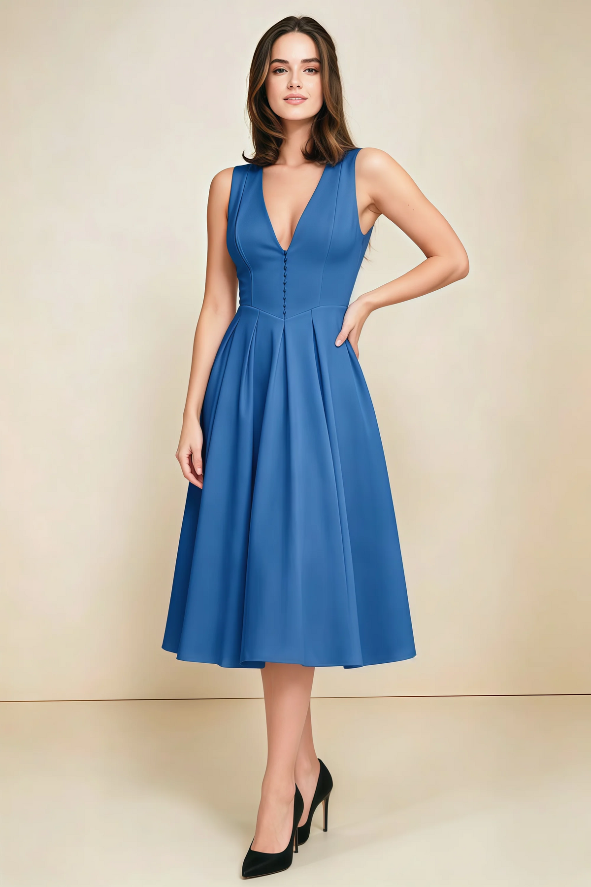Alison Royal Blue V-Neck Structured Midi Dress