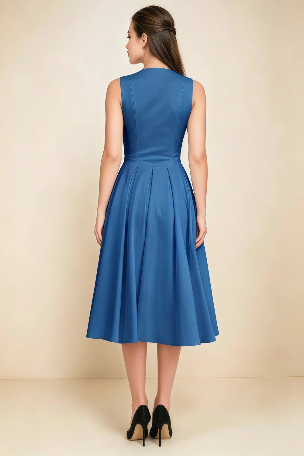 Translation missing: en.Rear view of the LVLVS Alison royal blue midi dress, showing the covered back, shaped waist and full midi skirt. content.product_image_secondary
