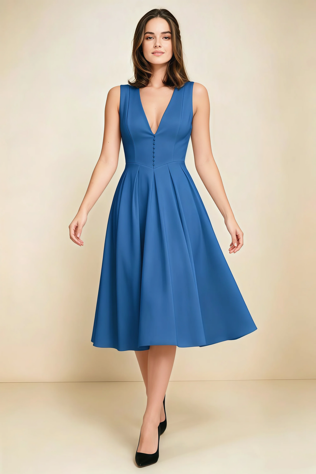Alison Royal Blue V-Neck Structured Midi Dress