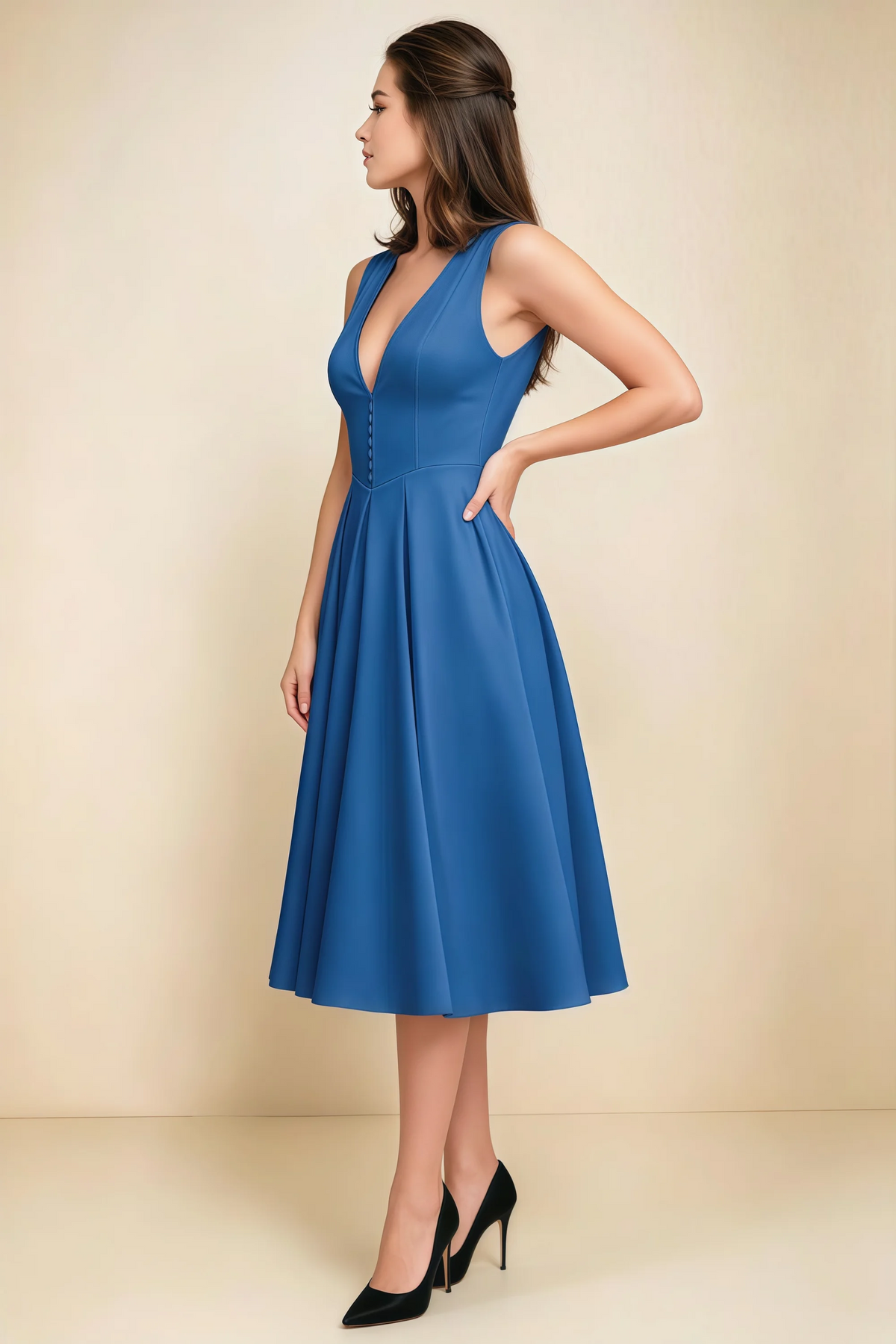 Alison Royal Blue V-Neck Structured Midi Dress