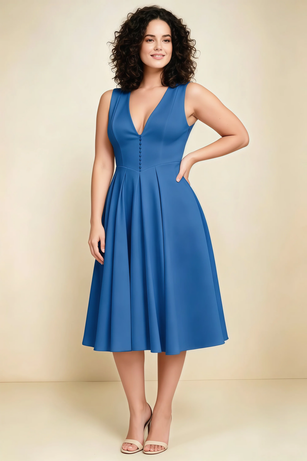 Alison Royal Blue V-Neck Structured Midi Dress