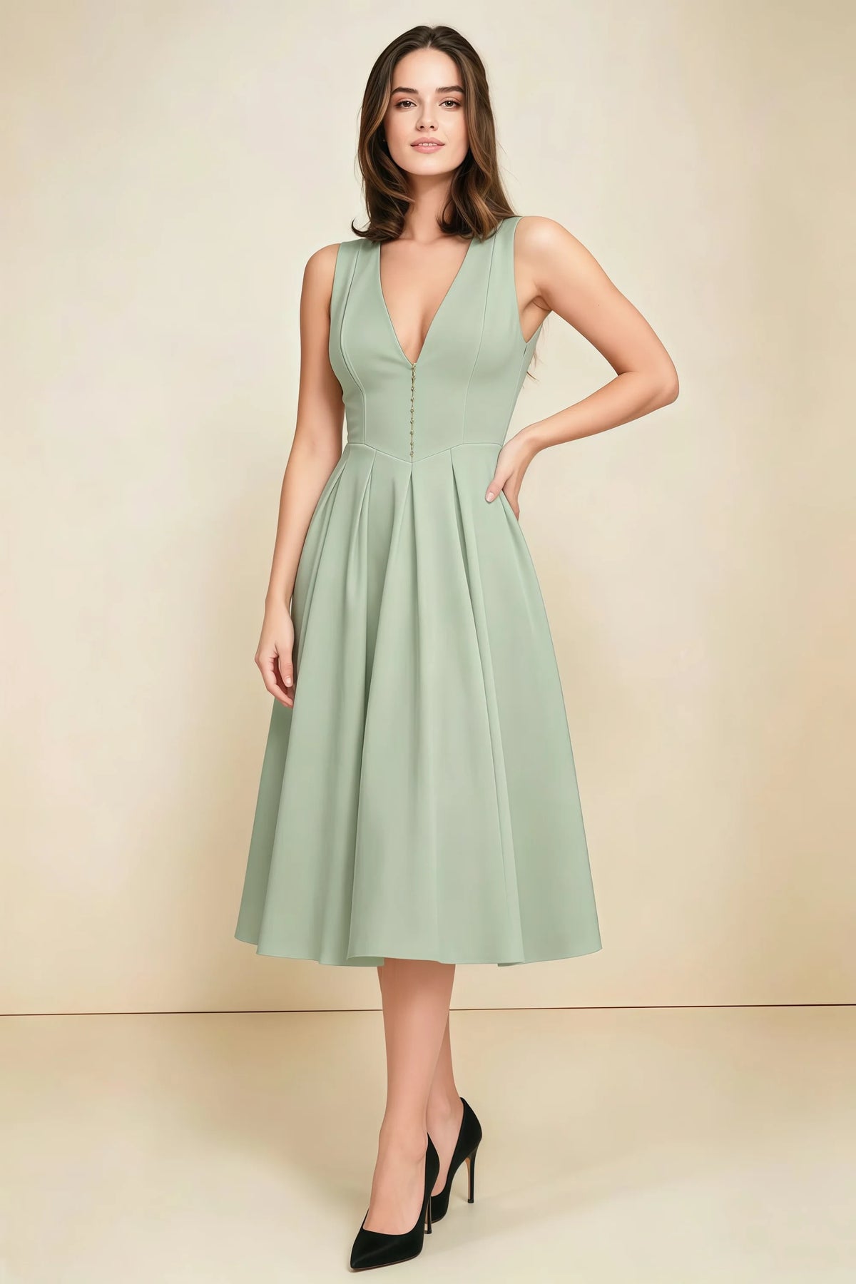 Alison Sage Green V-Neck Structured Midi Dress Imagen principal del producto