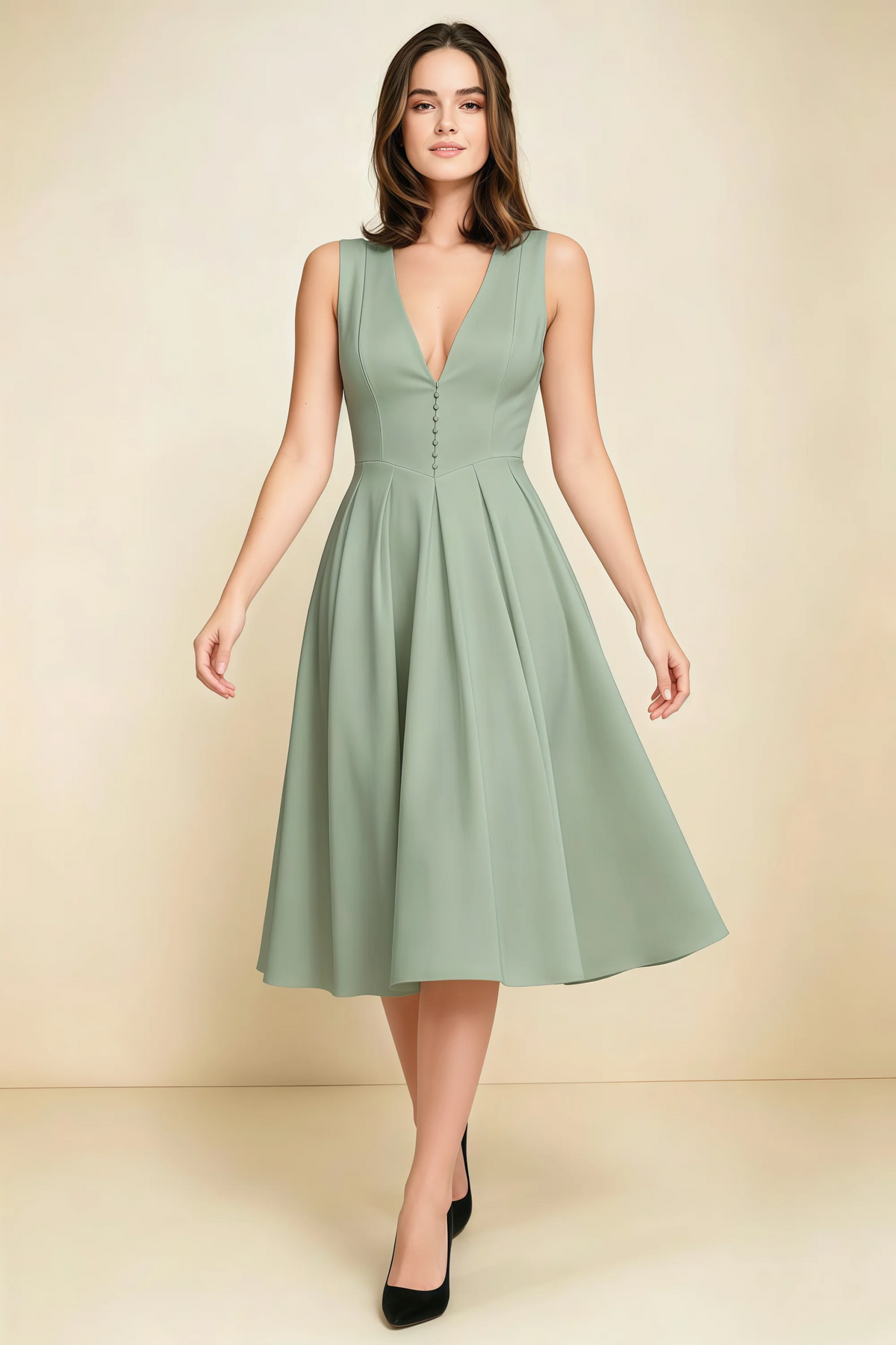 Alison Sage Green V-Neck Structured Midi Dress