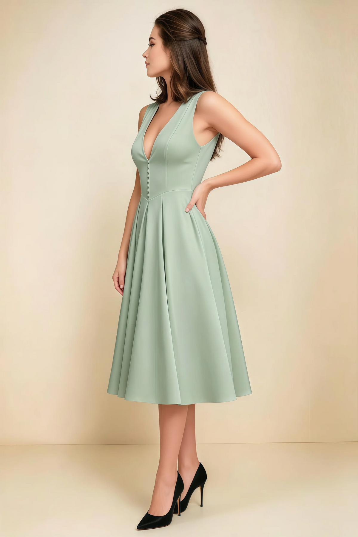 Alison Sage Green V-Neck Structured Midi Dress
