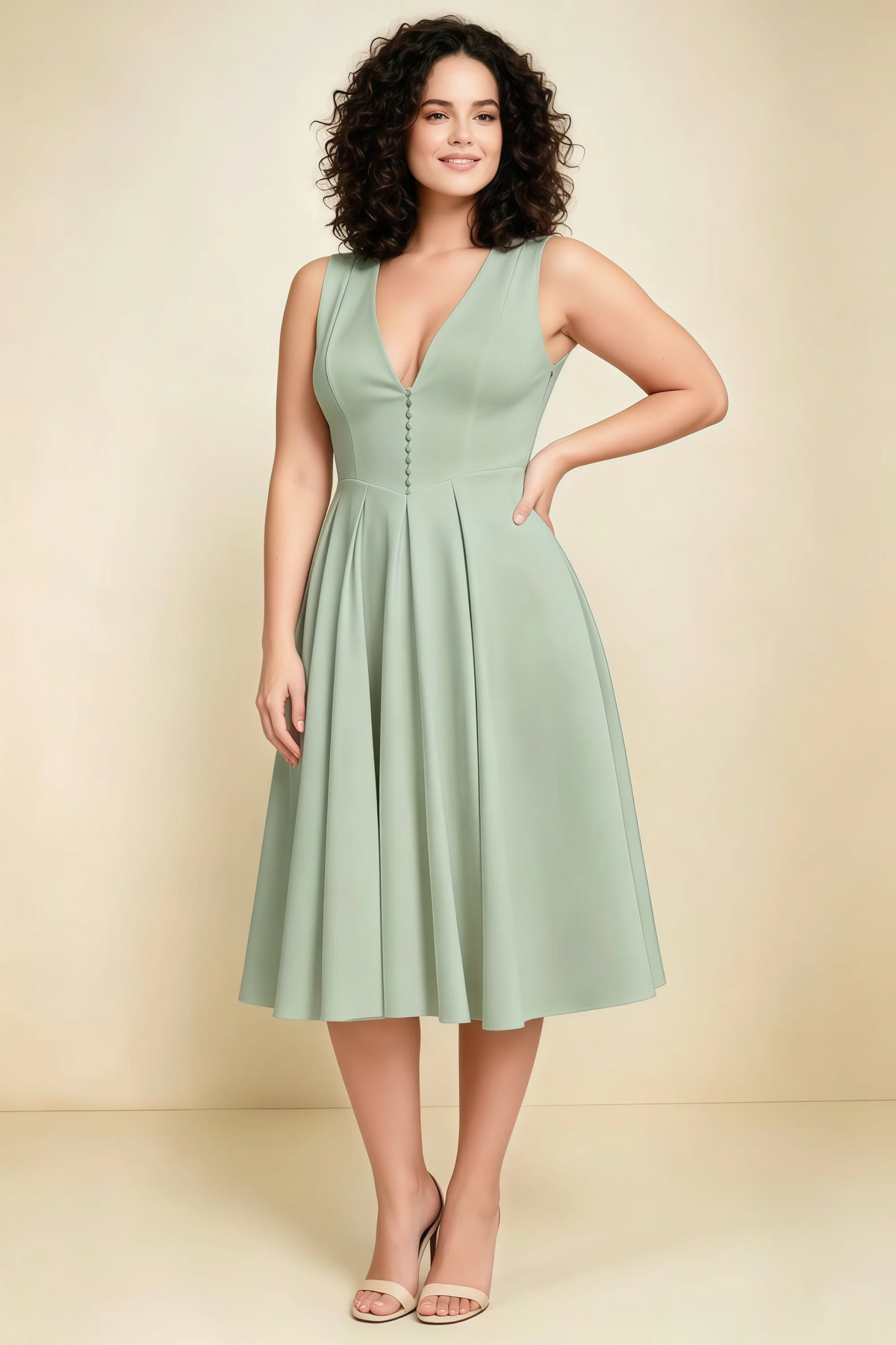 Alison Sage Green V-Neck Structured Midi Dress