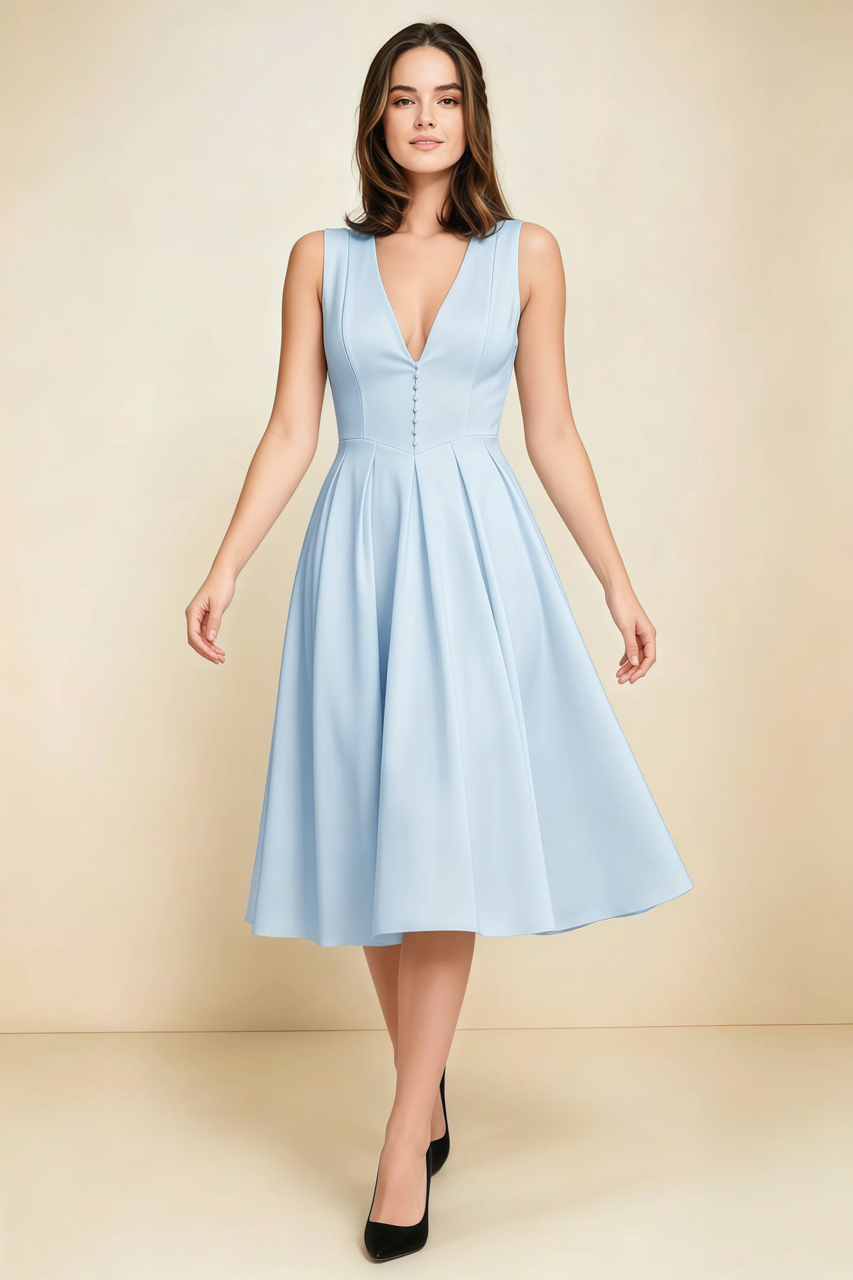 Alison Sky Blue V-Neck Structured Midi Dress