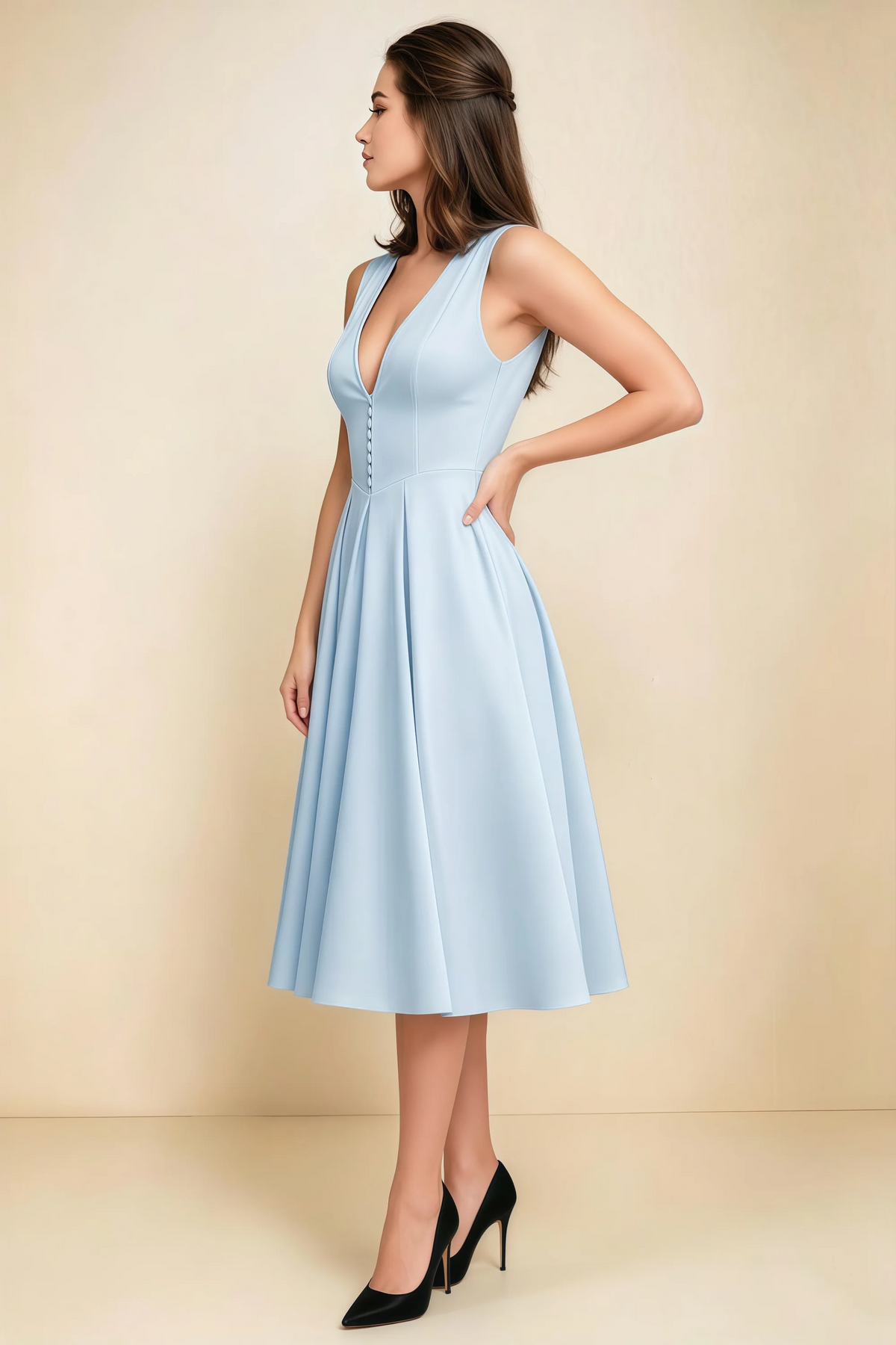 Alison Sky Blue V-Neck Structured Midi Dress