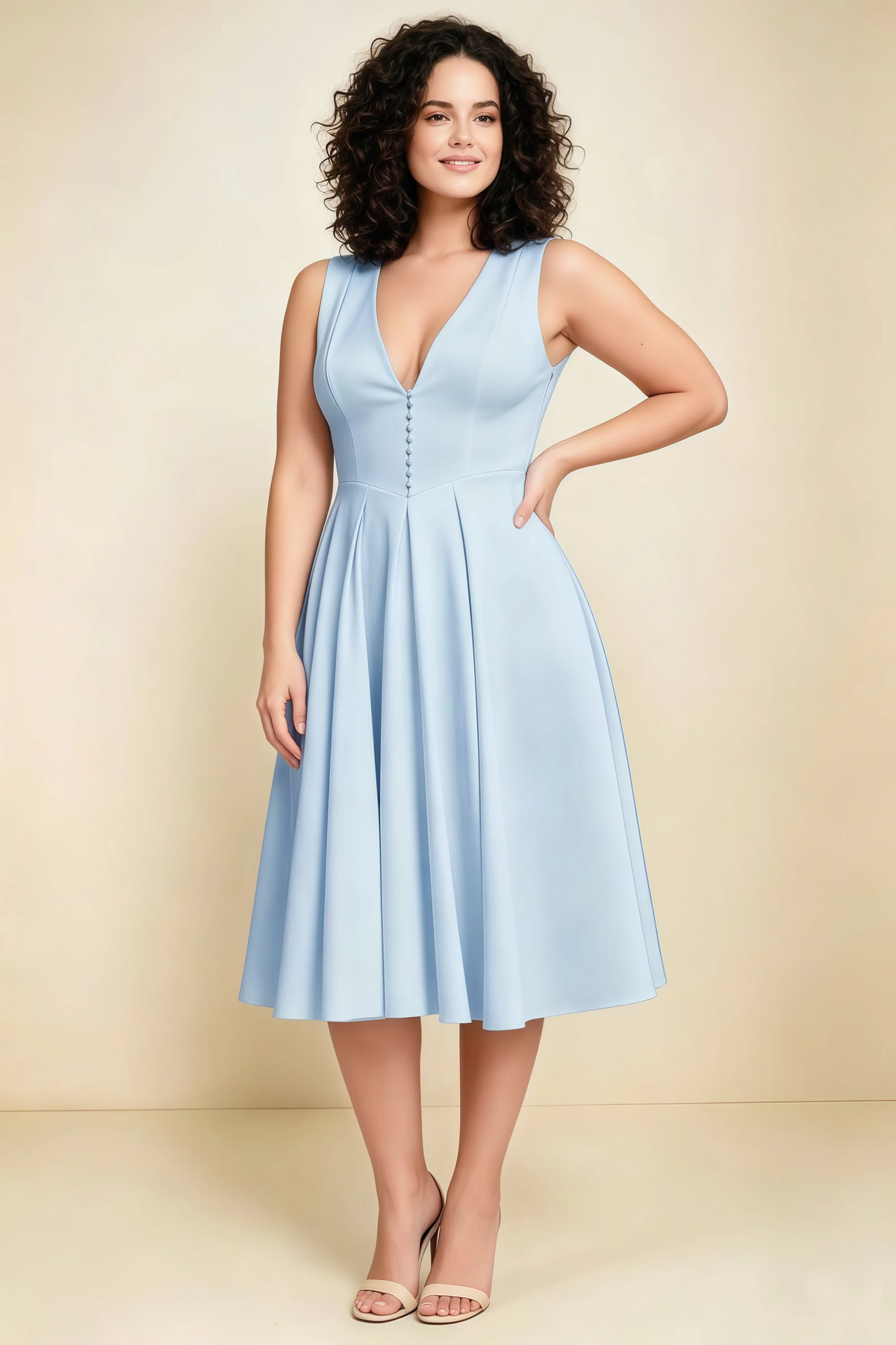Alison Sky Blue V-Neck Structured Midi Dress