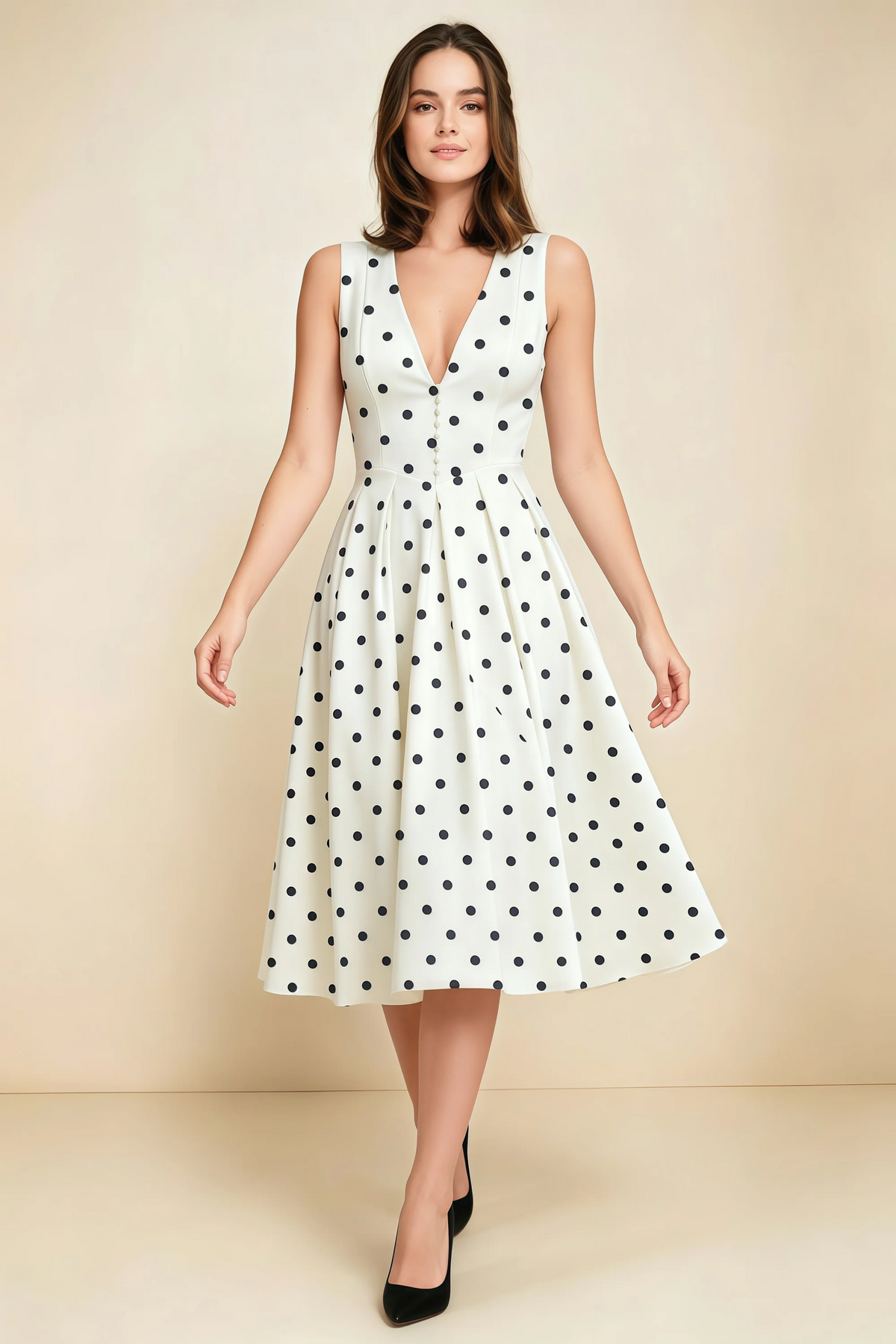 Alison White Polka Dot V-Neck Structured Midi Dress