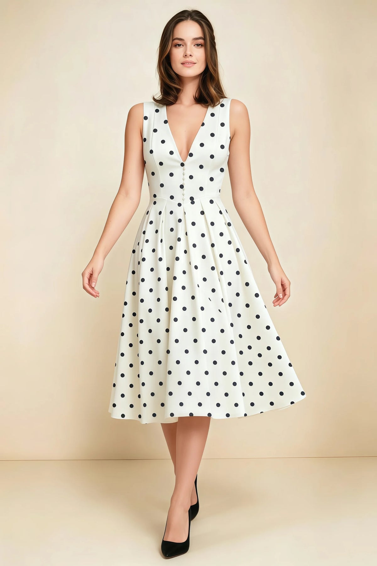 Alison White Polka Dot V-Neck Structured Midi Dress Main image