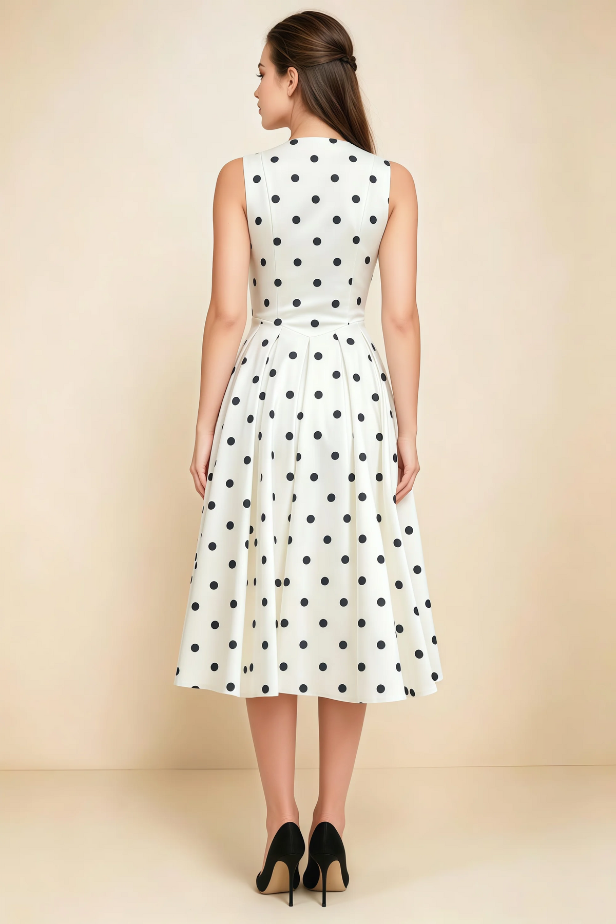 Alison White Polka Dot V-Neck Structured Midi Dress