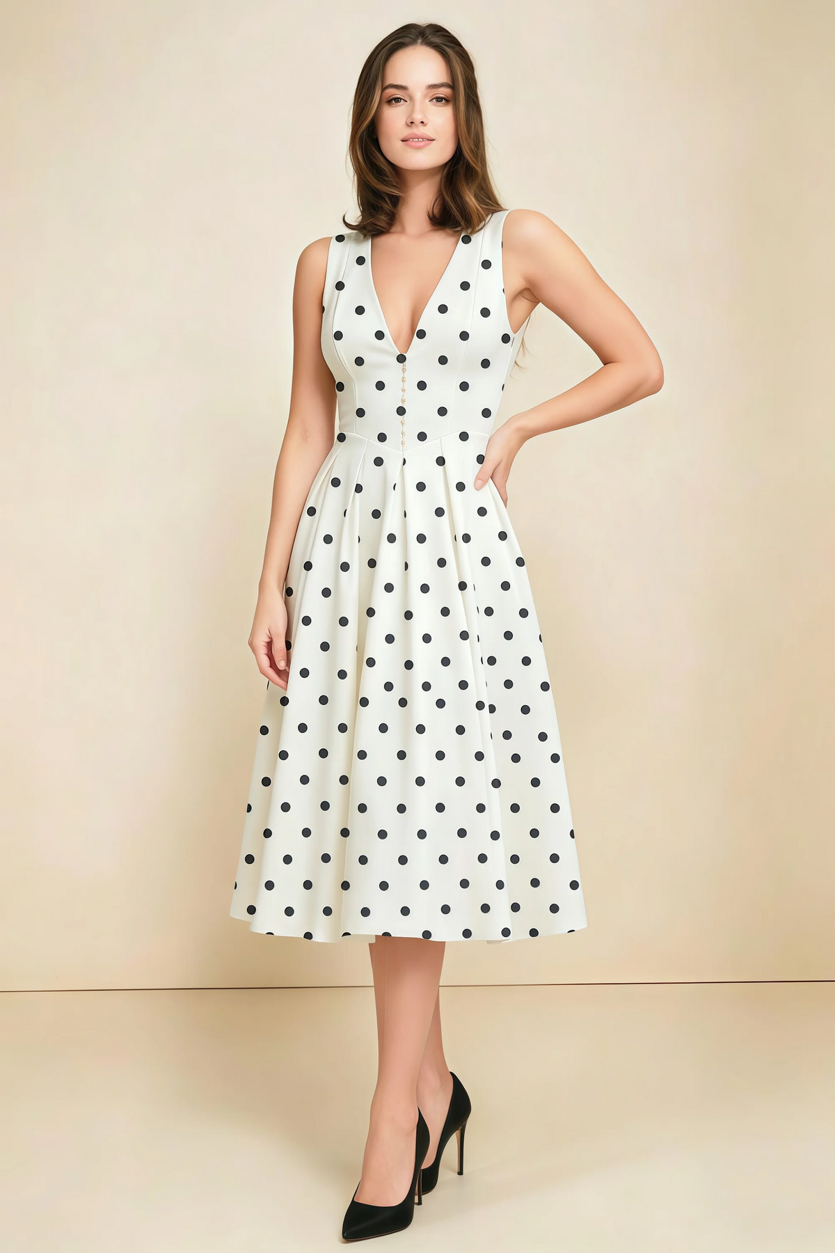 Alison White Polka Dot V-Neck Structured Midi Dress