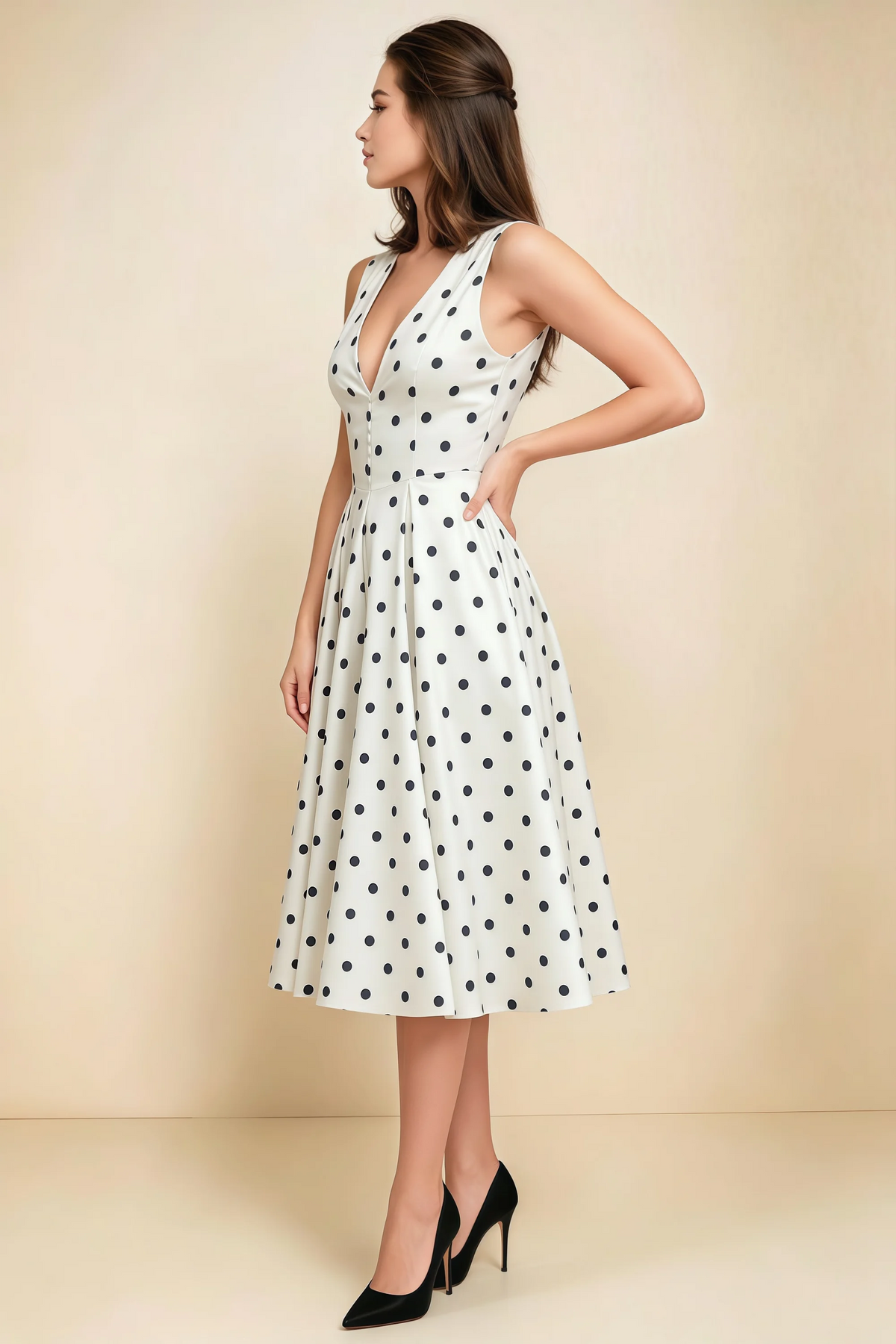 Alison White Polka Dot V-Neck Structured Midi Dress