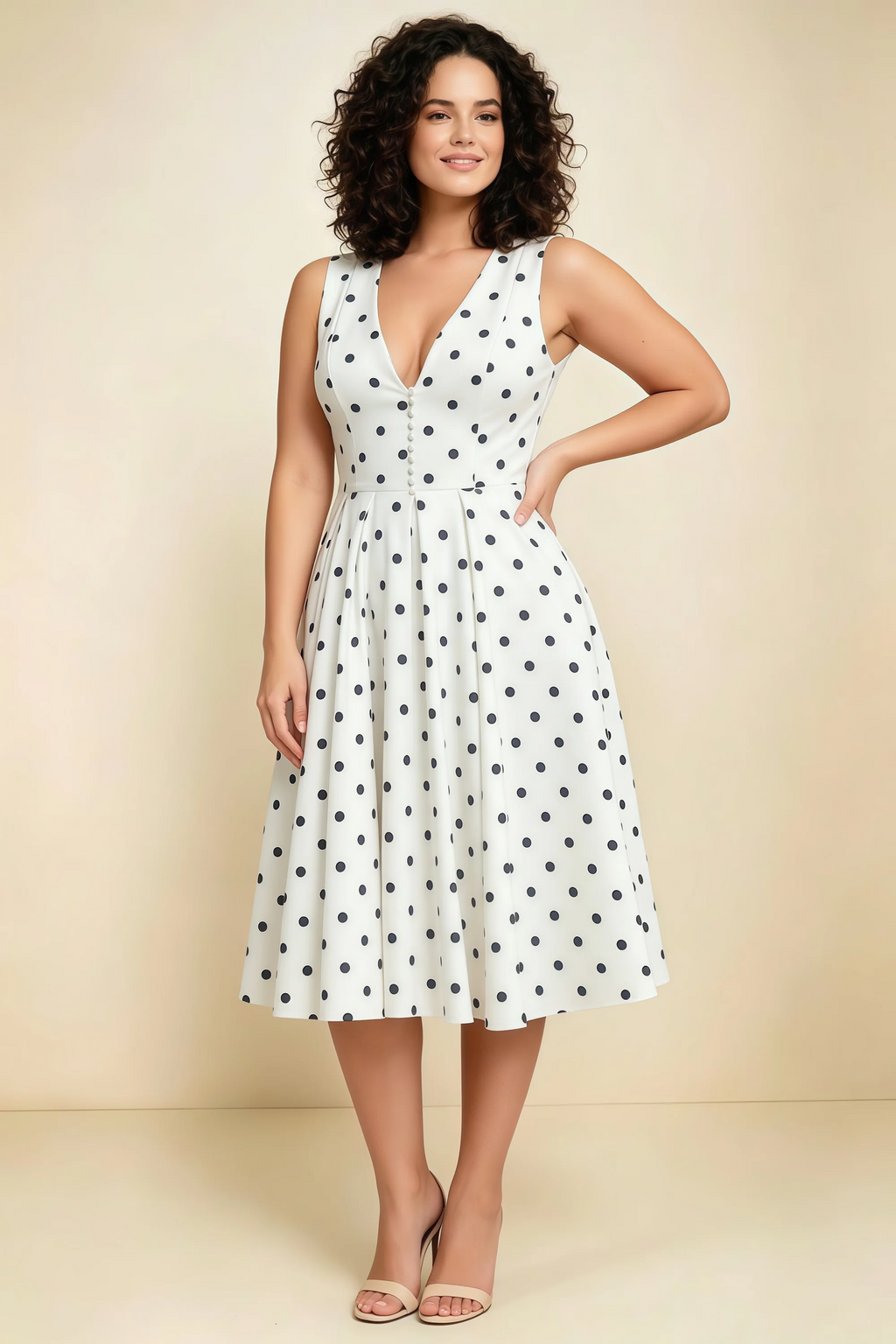 Alison White Polka Dot V-Neck Structured Midi Dress