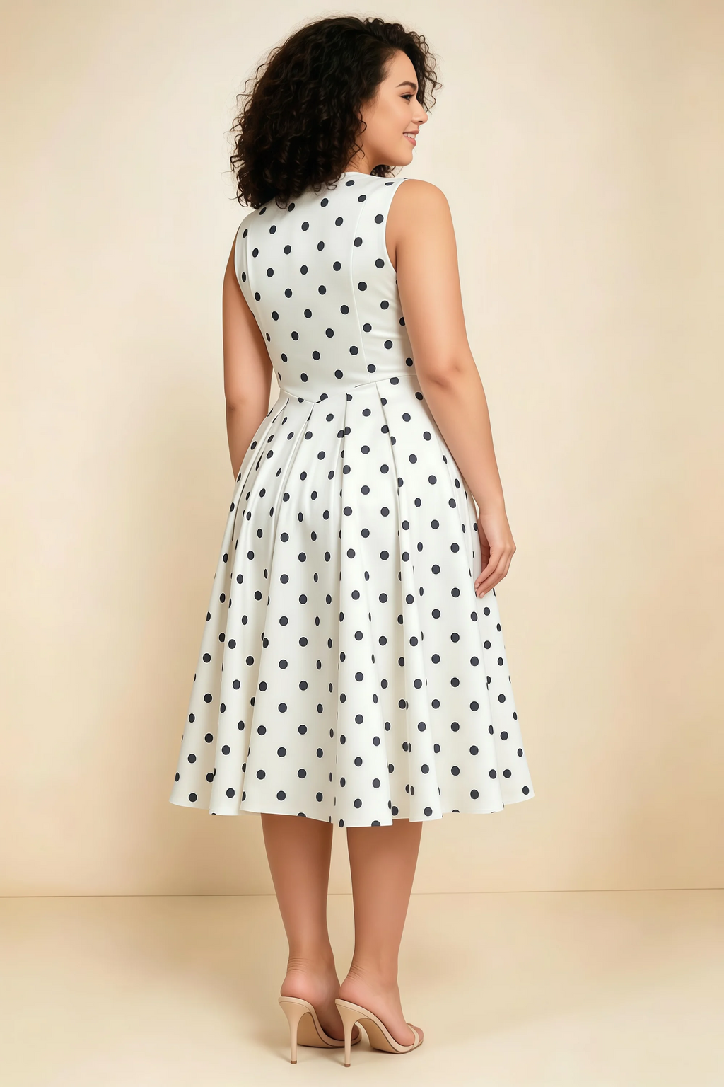 Alison White Polka Dot V-Neck Structured Midi Dress