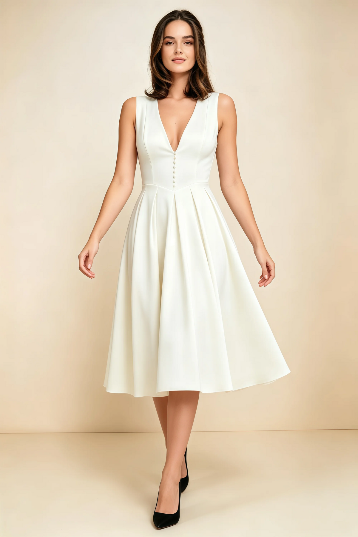 Alison White V-Neck Structured Midi Dress