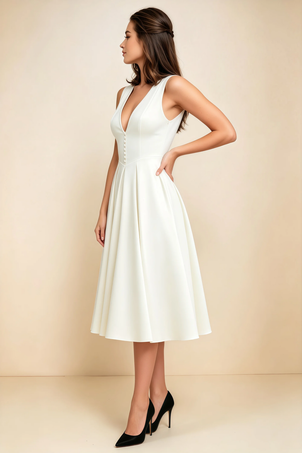 Alison White V-Neck Structured Midi Dress