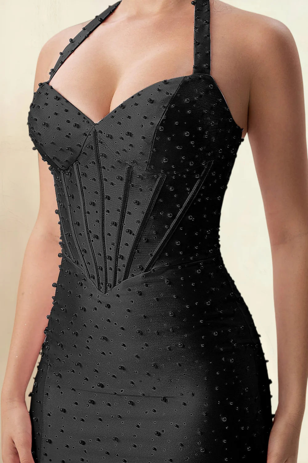 Allison Black Halter Neck Mini Dress with Pearl Detail