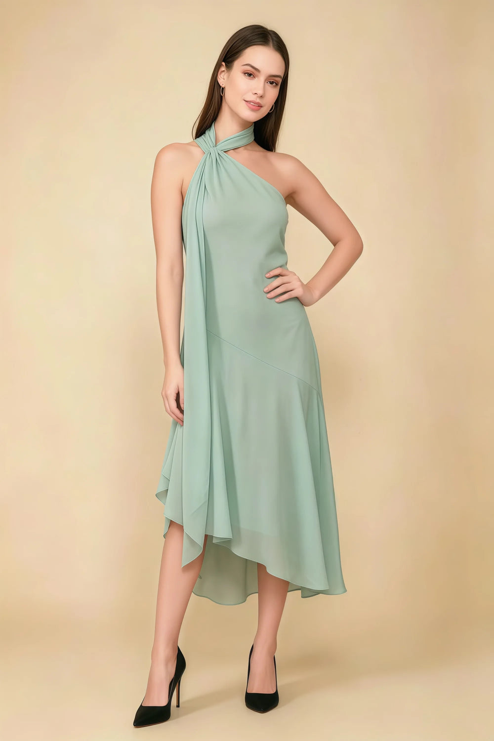 Translation missing: en.Front view of the LVLVS Alma agave midi dress, showing the asymmetric neckline, draped neck scarf and flowing uneven hem. content.product_image_main