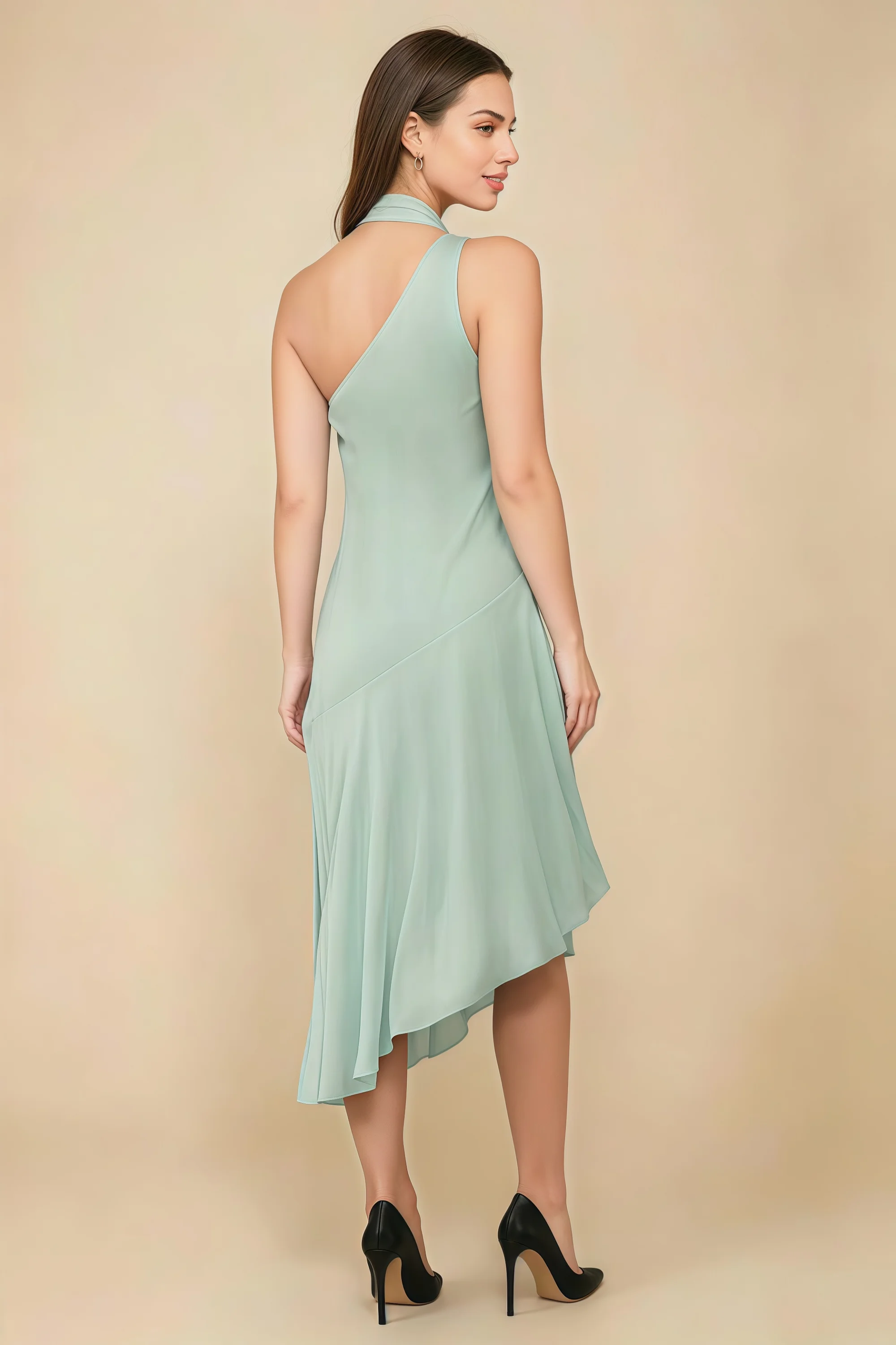Alma Agave Chiffon One Shoulder Midi Dress with Scarf Imagen secundaria del producto