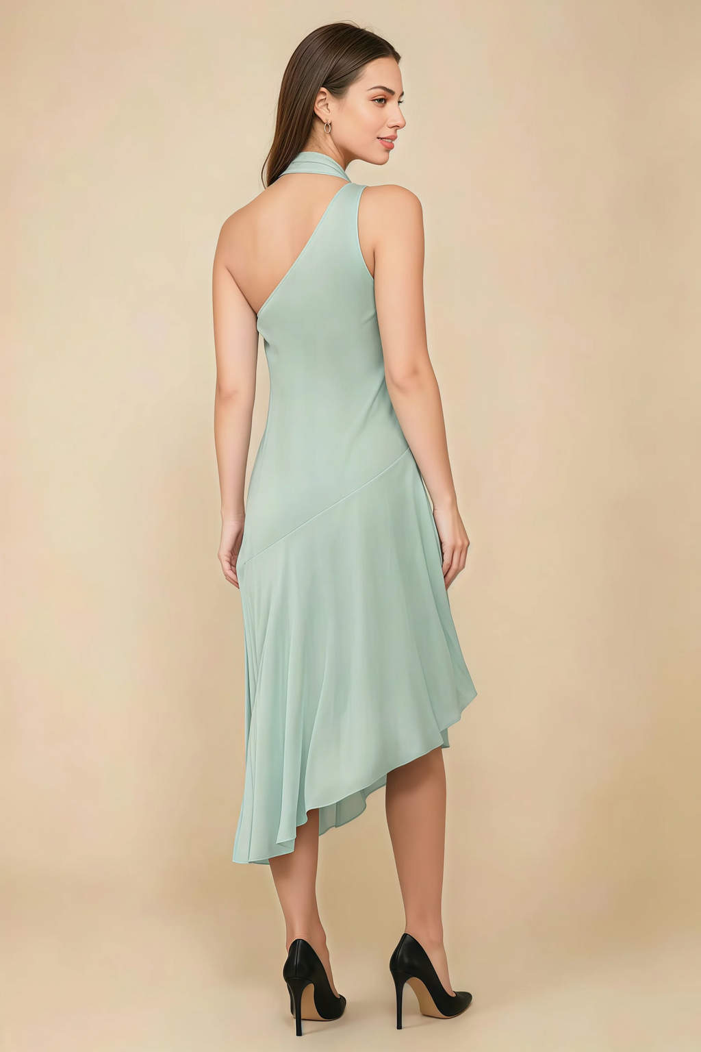 Alma Agave Chiffon One Shoulder Midi Dress with Scarf
