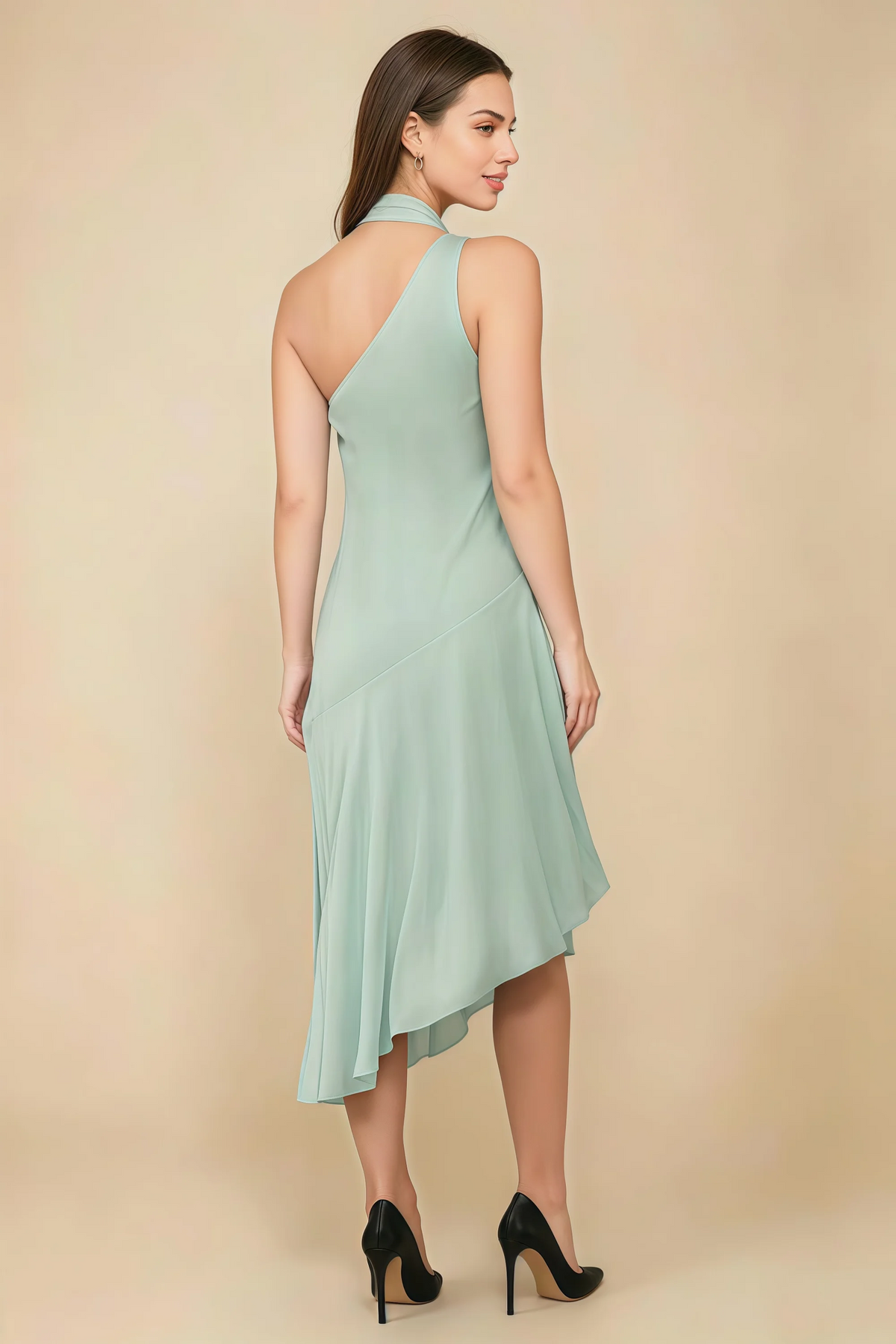 Alma Agave Chiffon One Shoulder Midi Dress with Scarf