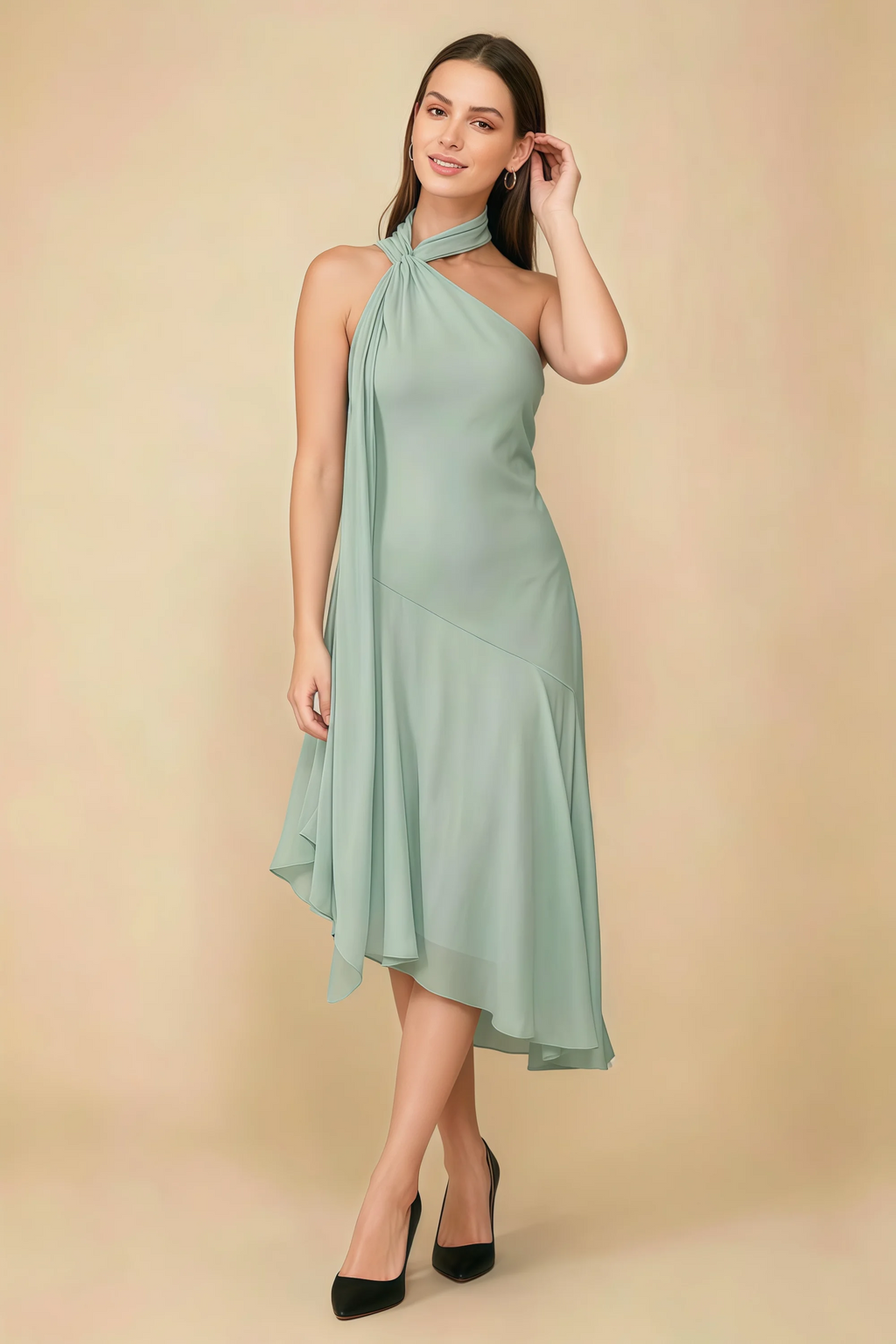 Alma Agave Chiffon One Shoulder Midi Dress with Scarf