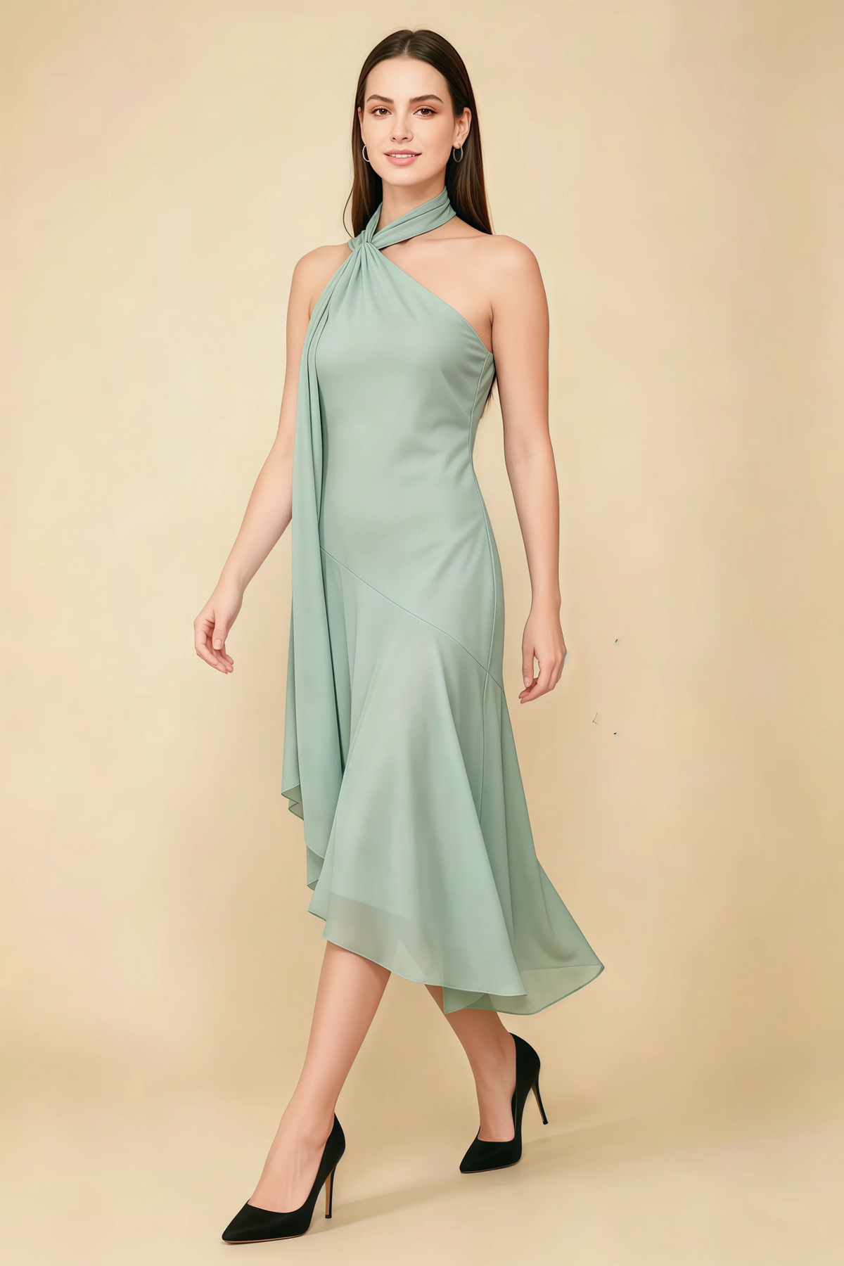 Alma Agave Chiffon One Shoulder Midi Dress with Scarf