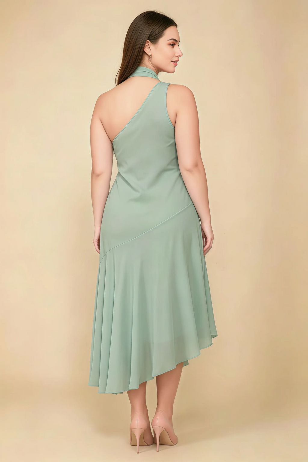 Alma Agave Chiffon One Shoulder Midi Dress with Scarf