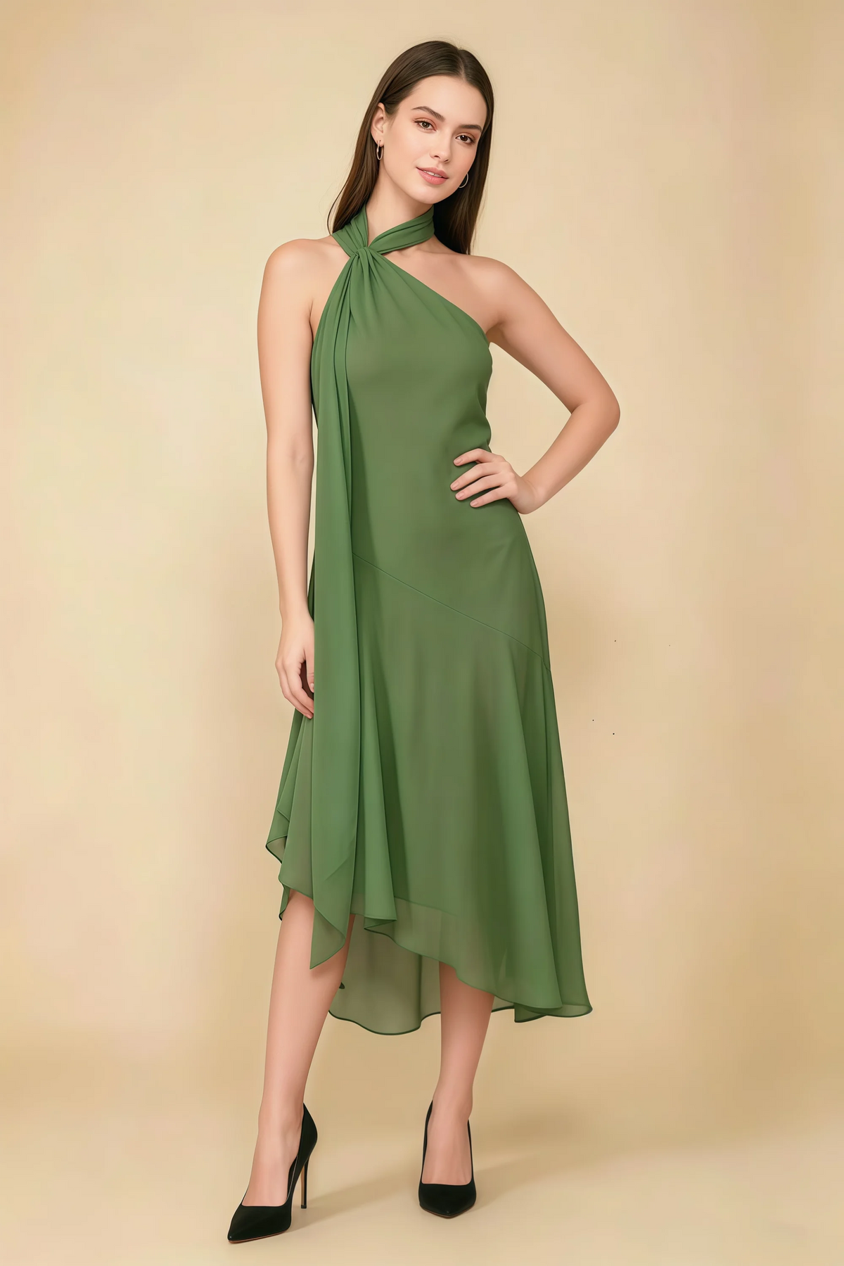 Alma Basil Chiffon One Shoulder Midi Dress with Scarf