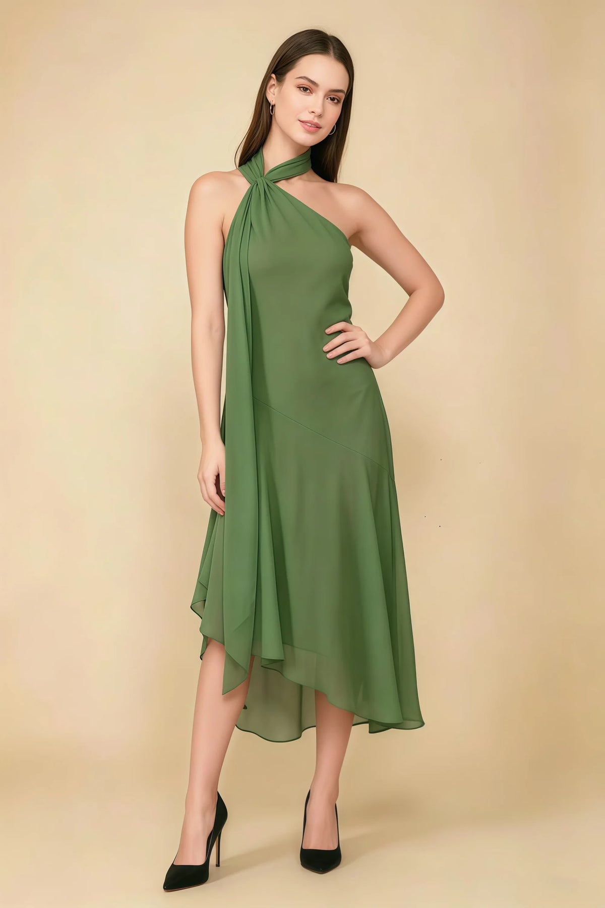 Alma Basil Chiffon One Shoulder Midi Dress with Scarf Imagen principal del producto