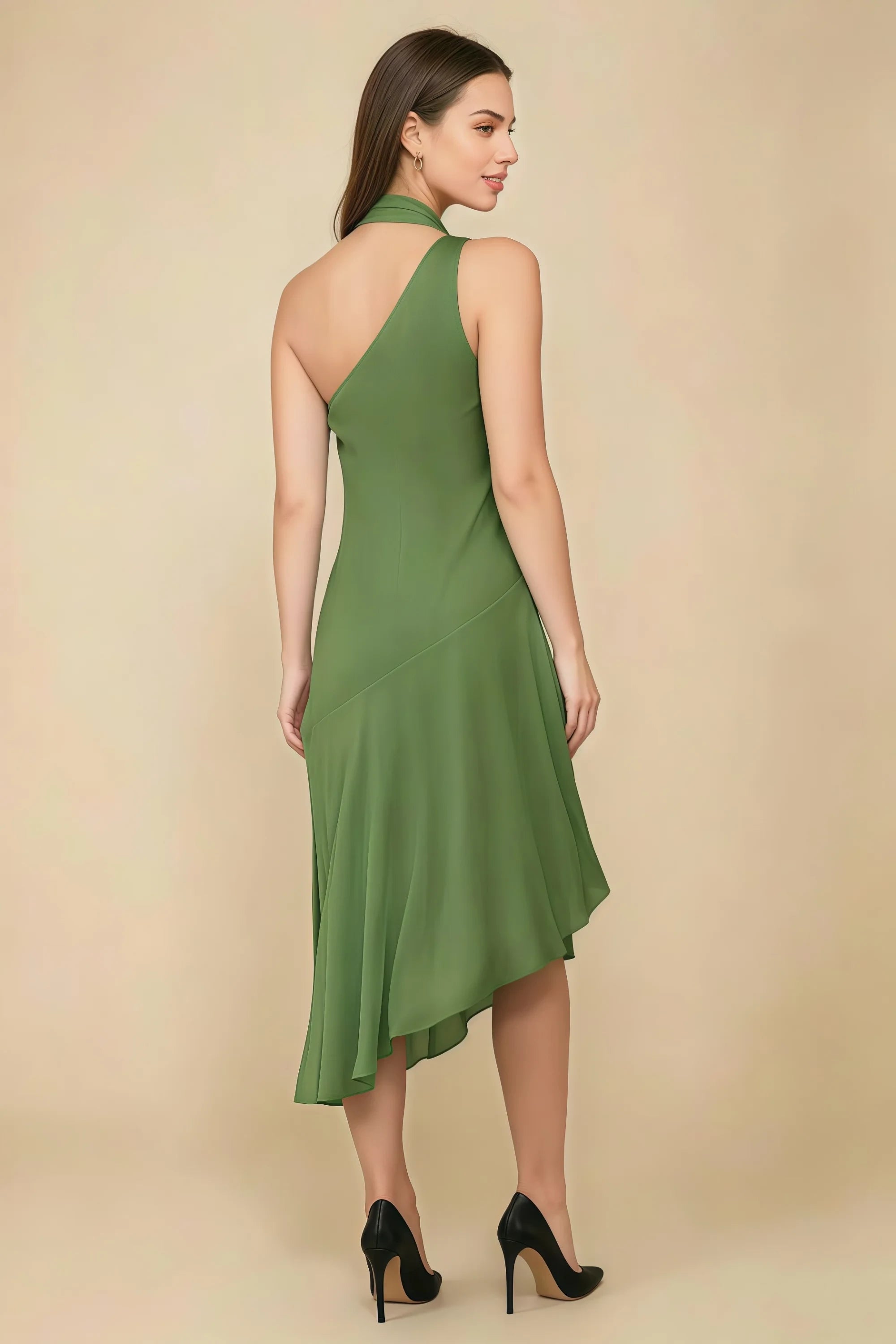 Alma Basil Chiffon One Shoulder Midi Dress with Scarf Imagen secundaria del producto