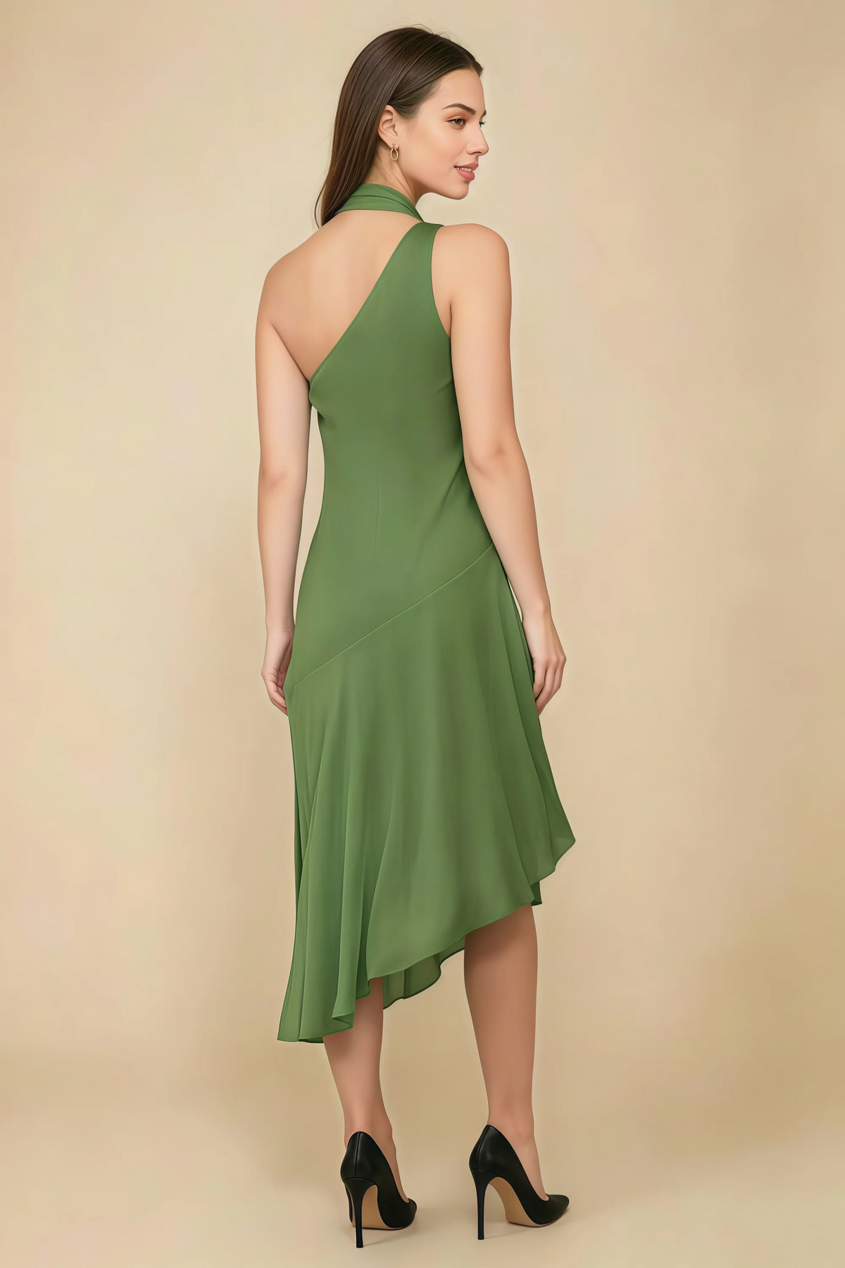 Alma Basil Chiffon One Shoulder Midi Dress with Scarf