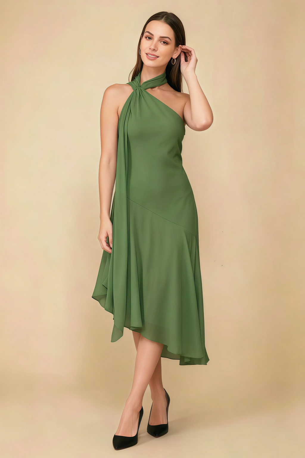 Alma Basil Chiffon One Shoulder Midi Dress with Scarf