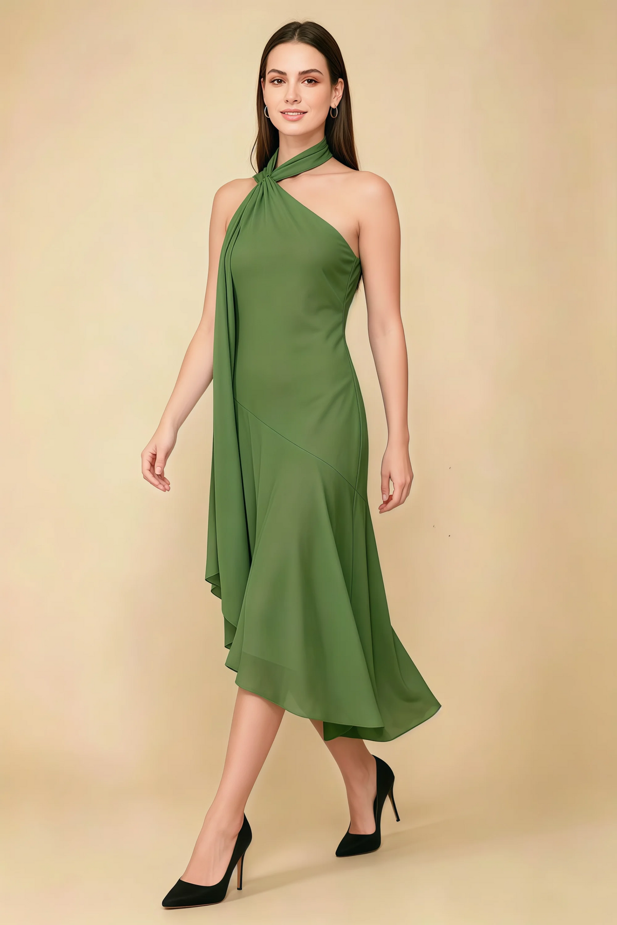 Alma Basil Chiffon One Shoulder Midi Dress with Scarf
