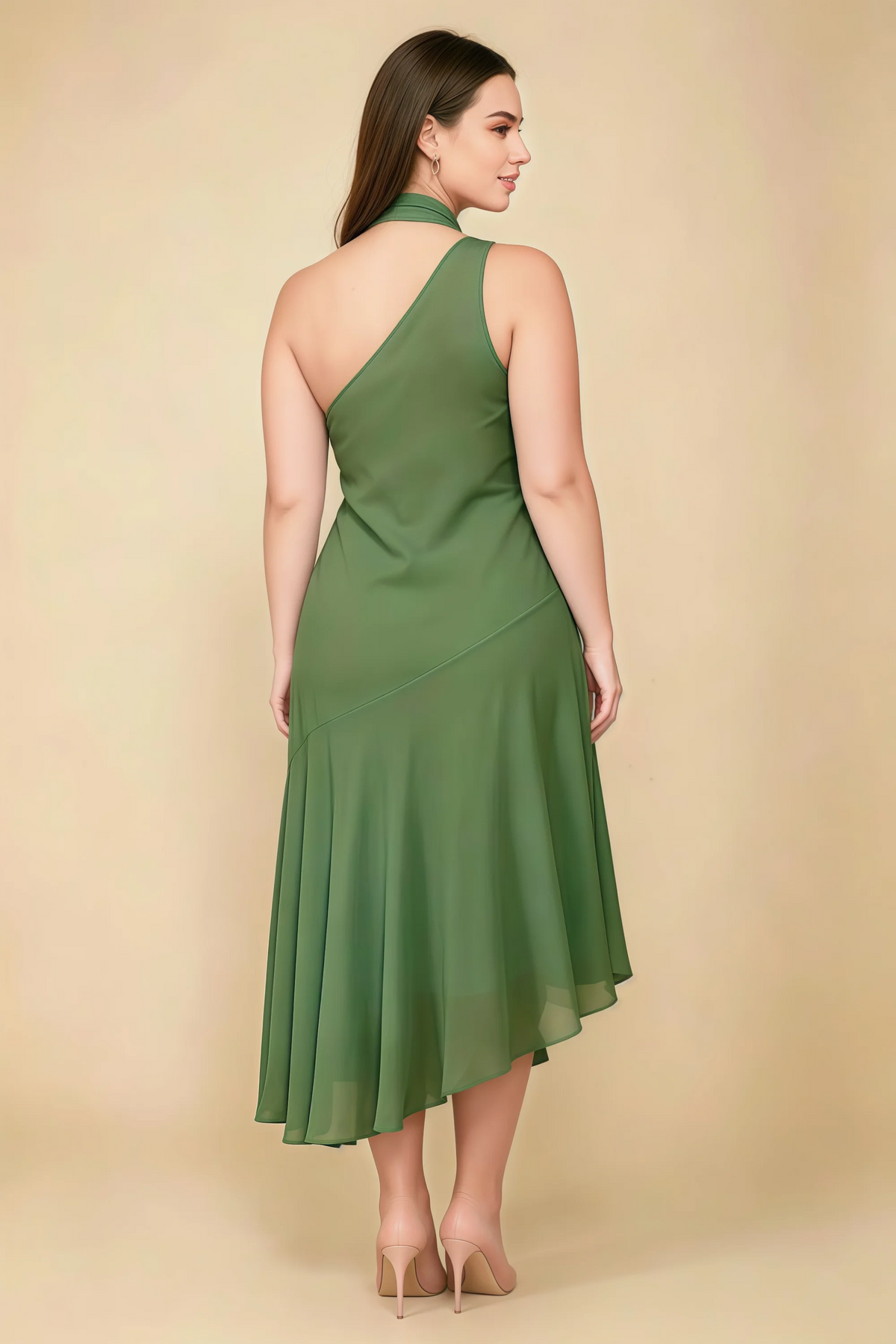 Alma Basil Chiffon One Shoulder Midi Dress with Scarf