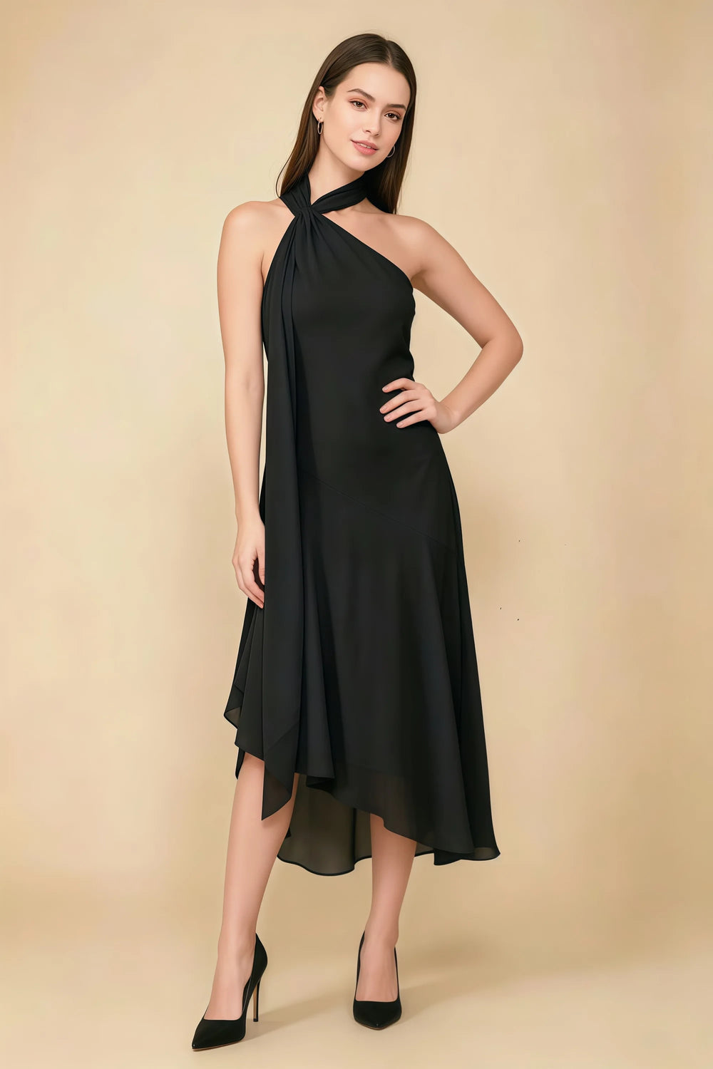 Translation missing: en.Front view of the LVLVS Alma black midi dress, showing the asymmetric neckline, draped neck scarf and flowing uneven hem. content.product_image_main