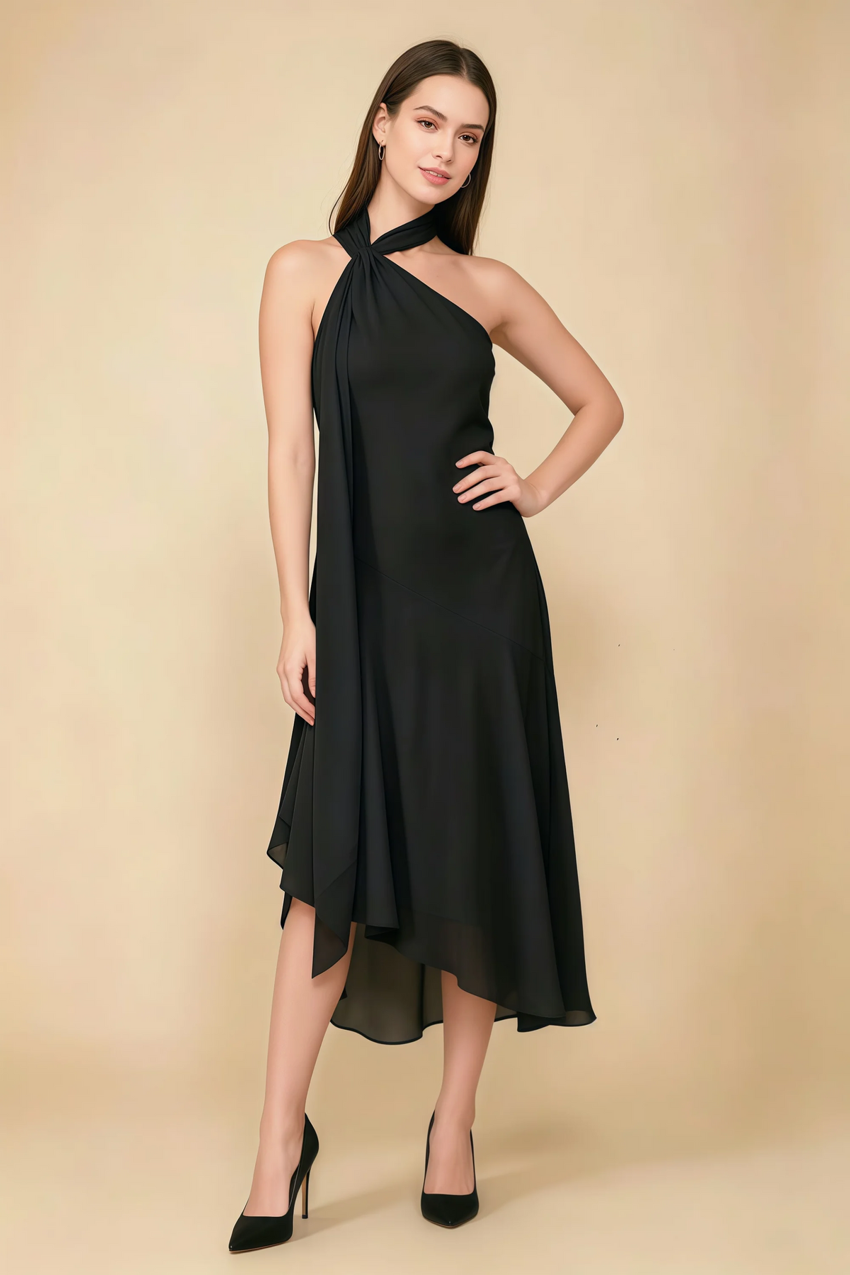 Alma Black Chiffon One Shoulder Midi Dress with Scarf