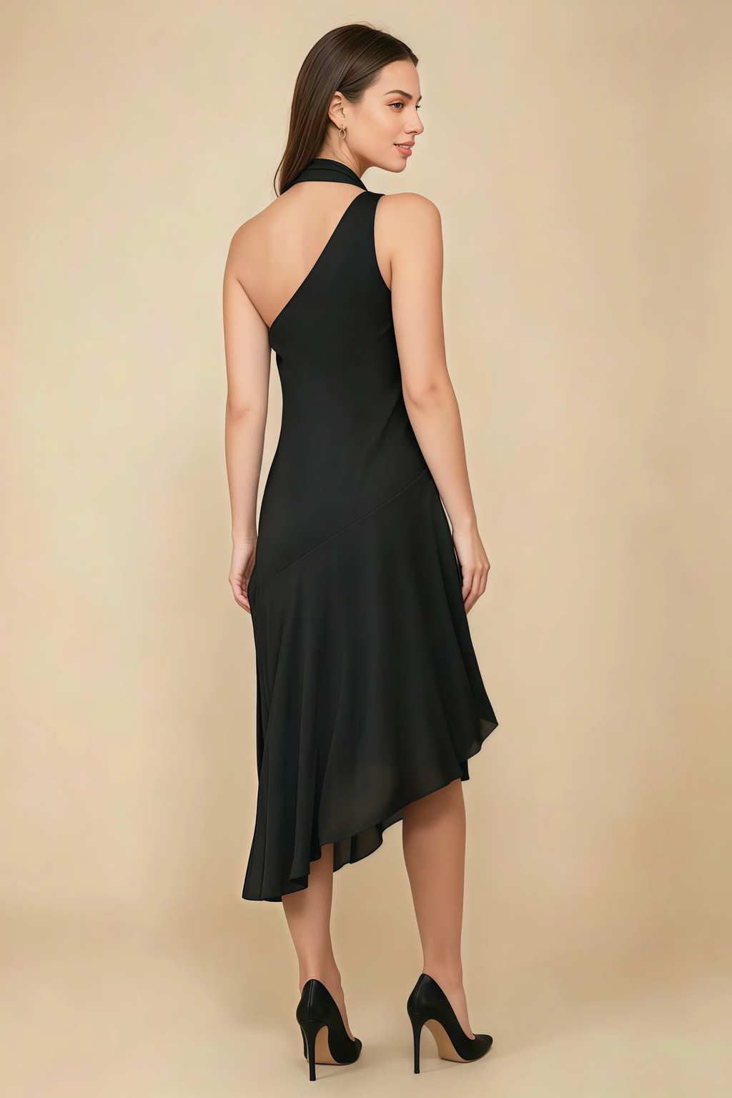 Alma Black Chiffon One Shoulder Midi Dress with Scarf