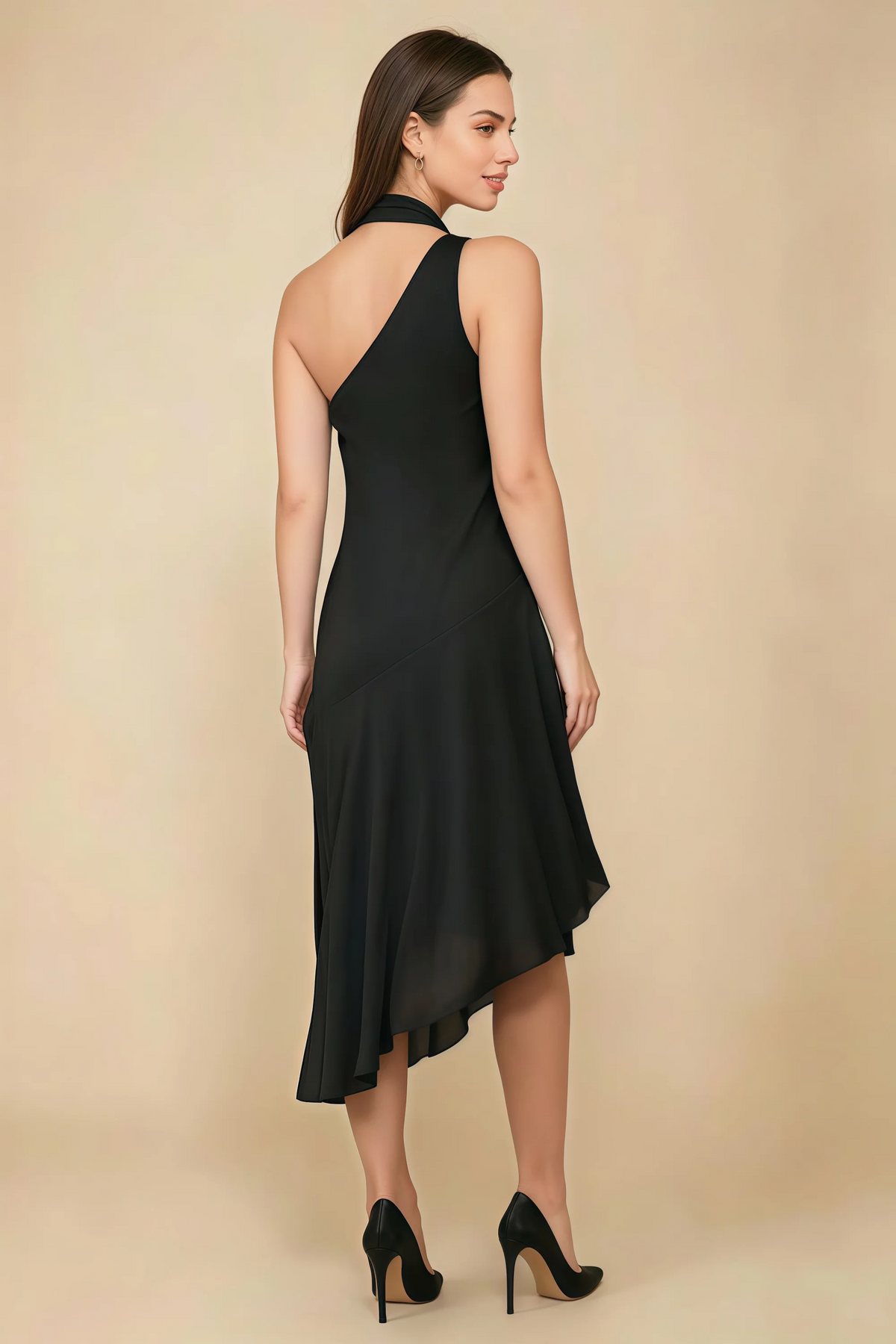Alma Black Chiffon One Shoulder Midi Dress with Scarf