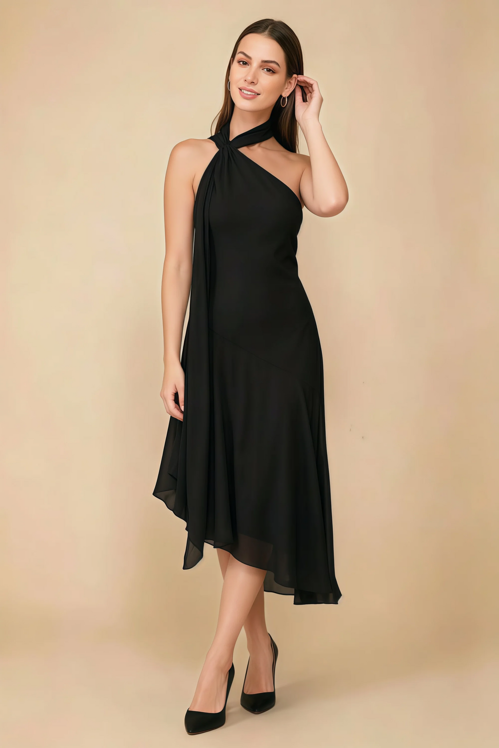 Alma Black Chiffon One Shoulder Midi Dress with Scarf