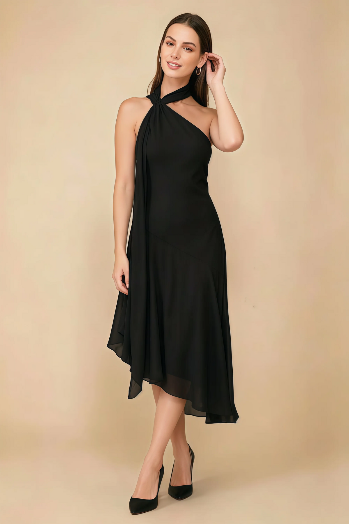 Alma Black Chiffon One Shoulder Midi Dress with Scarf