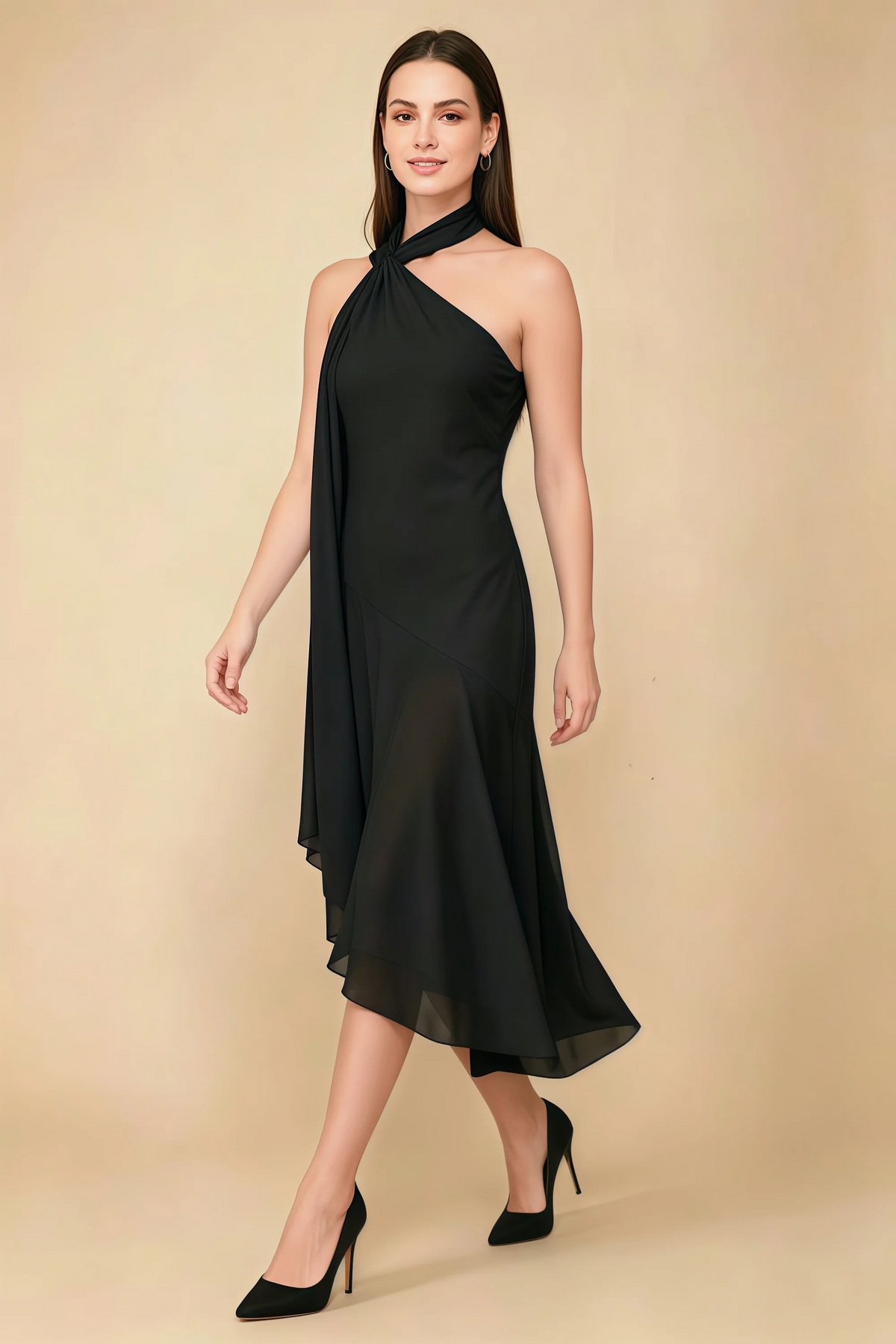 Alma Black Chiffon One Shoulder Midi Dress with Scarf