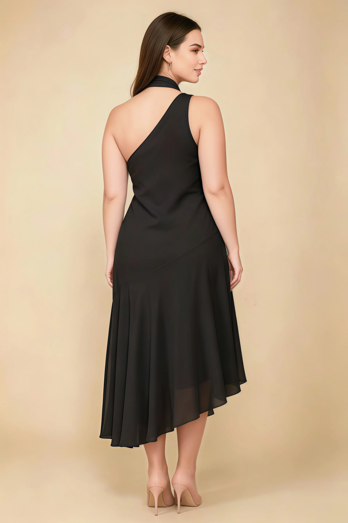 Alma Black Chiffon One Shoulder Midi Dress with Scarf