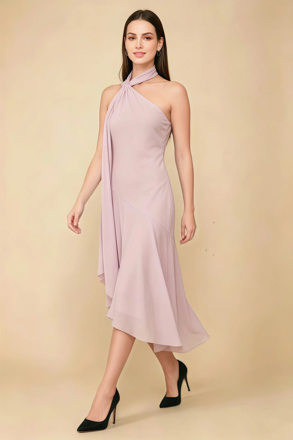 Translation missing: en.Front view of the LVLVS Alma blush midi dress, showing the asymmetric neckline, draped neck scarf and flowing uneven hem. content.product_image_main