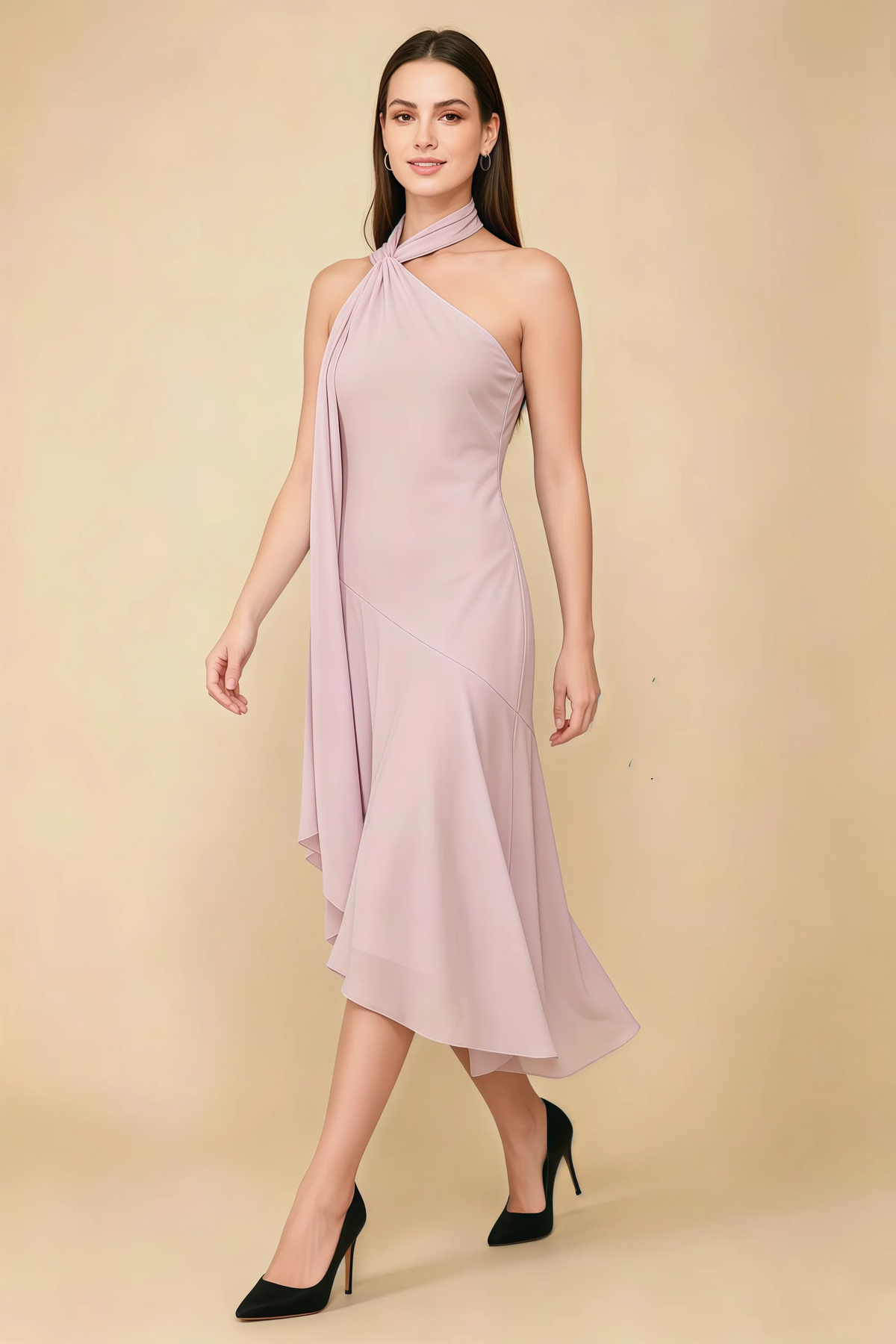 Alma Blush Chiffon One Shoulder Midi Dress with Scarf