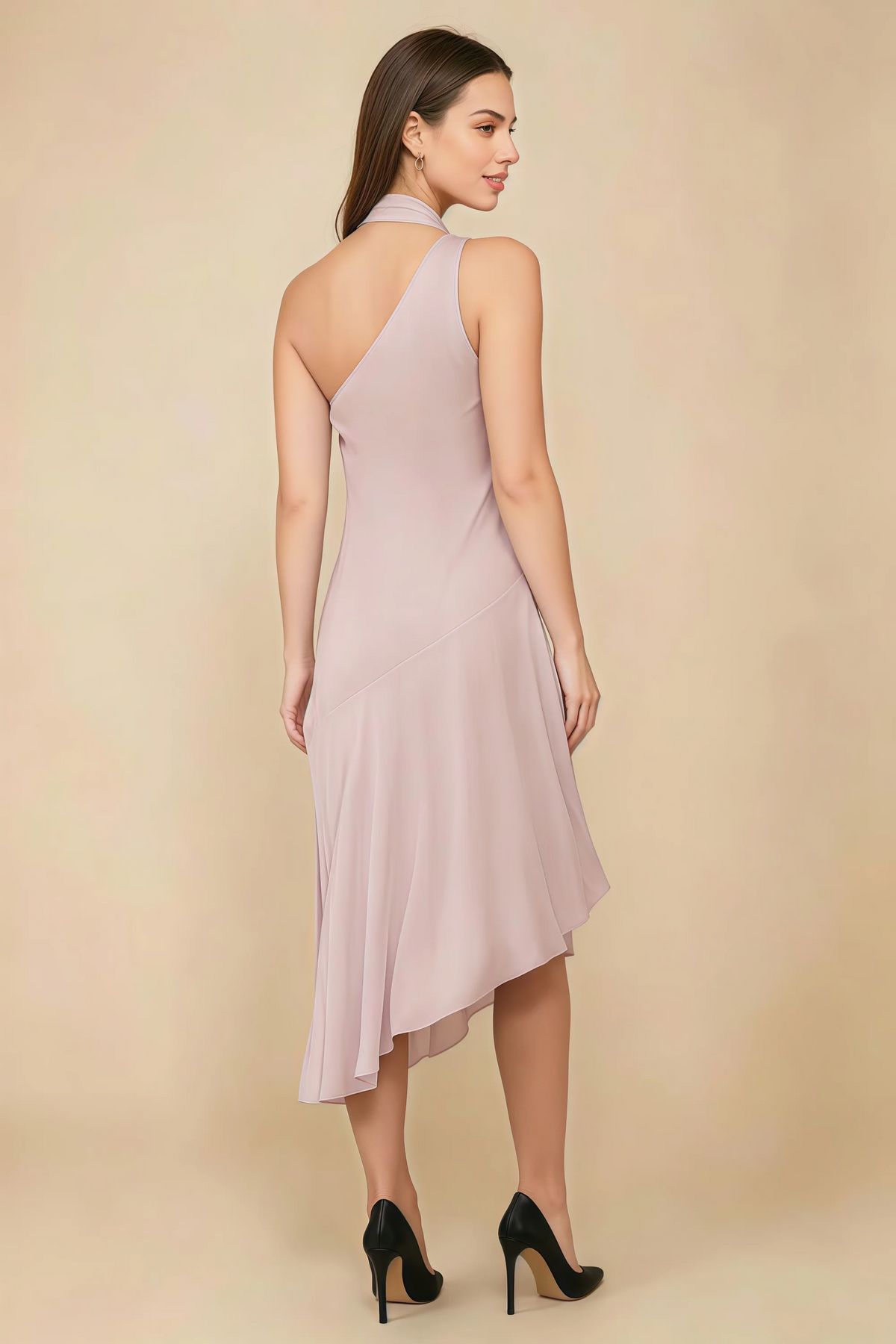 Alma Blush Chiffon One Shoulder Midi Dress with Scarf
