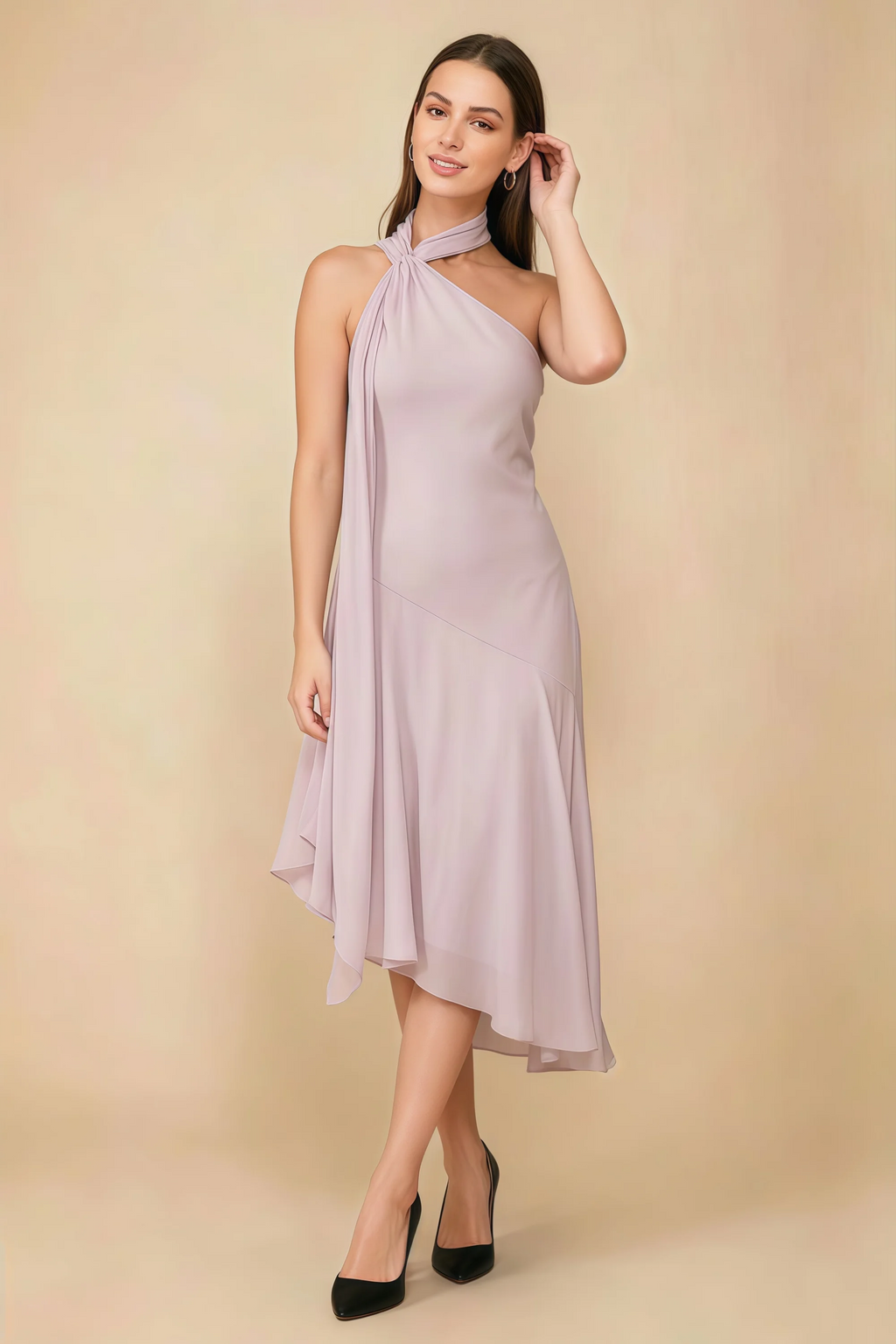 Alma Blush Chiffon One Shoulder Midi Dress with Scarf