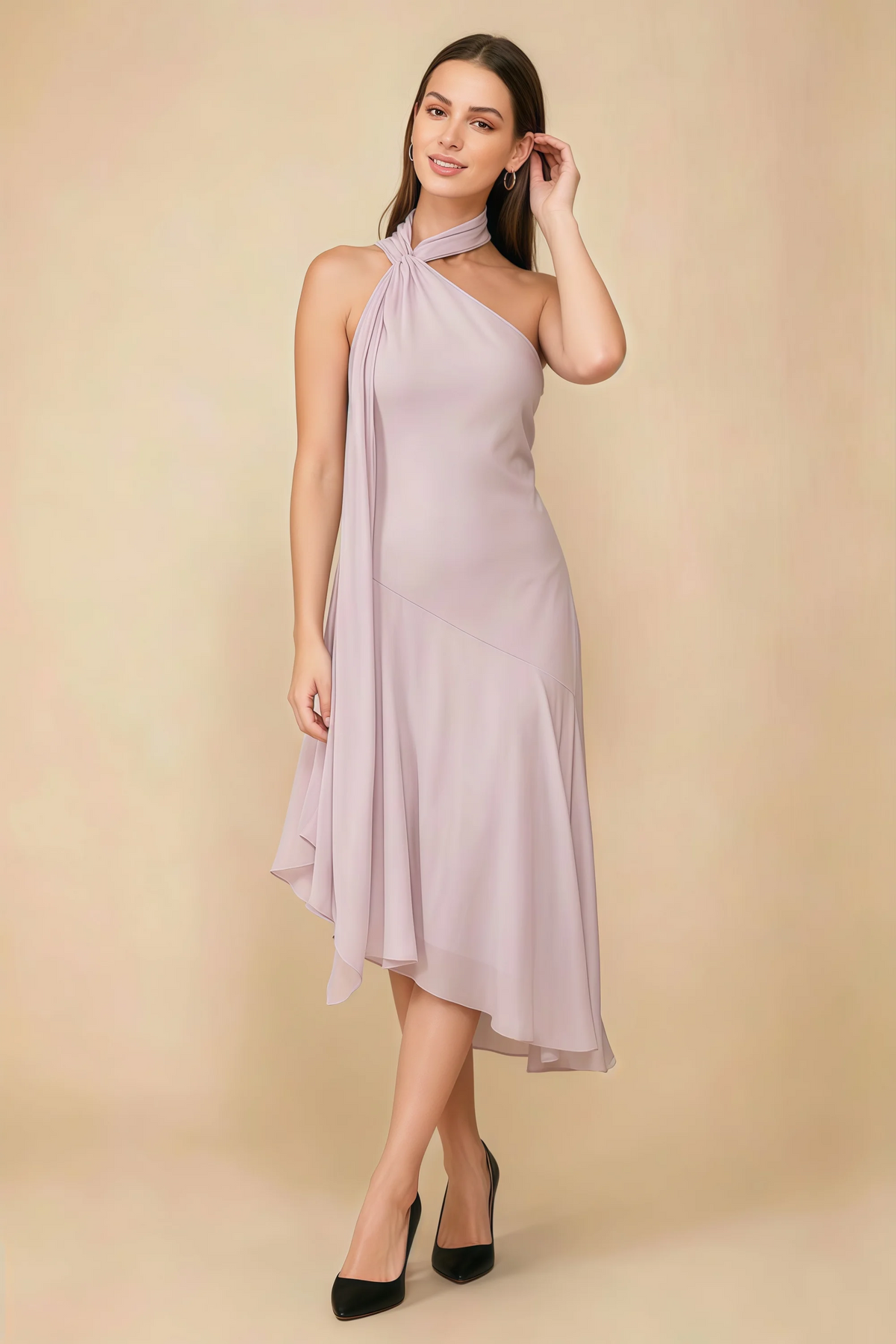Alma Blush Chiffon One Shoulder Midi Dress with Scarf