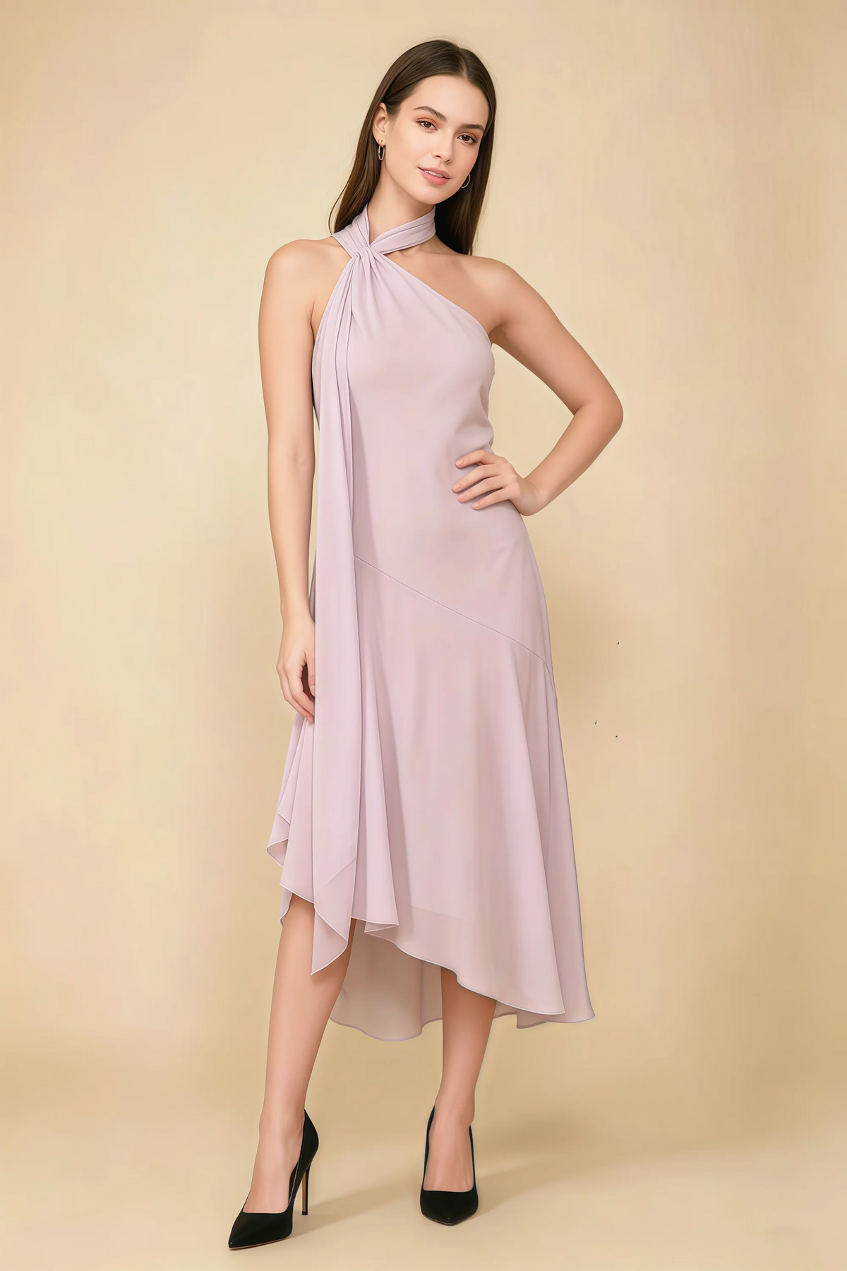Alma Blush Chiffon One Shoulder Midi Dress with Scarf